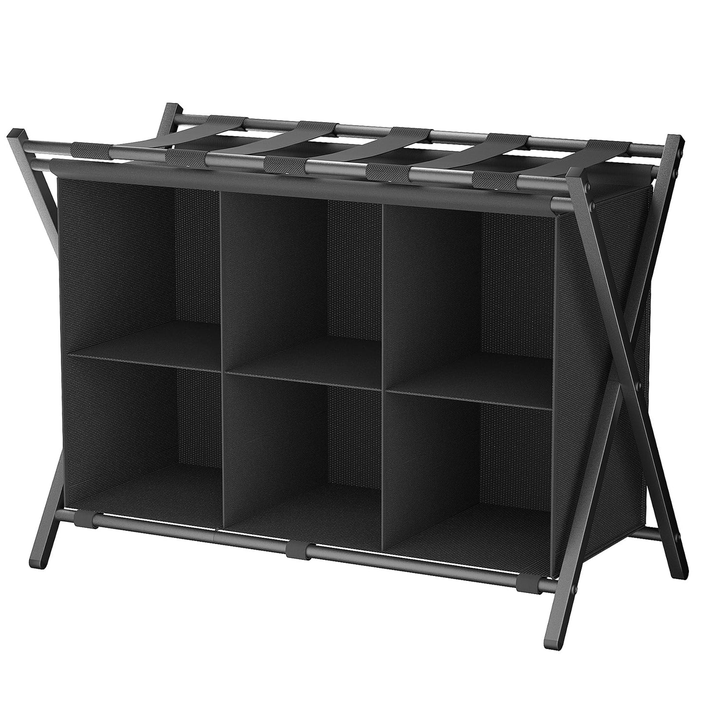 Huhote Luggage Rack for Guest Room, Folding Suitcase Stand with 6-Cube Fabric Storage Shelf, Luggage Holder, Steel Foldable Luggage Stand for Guest Room, Bedroom, Hotel, Black