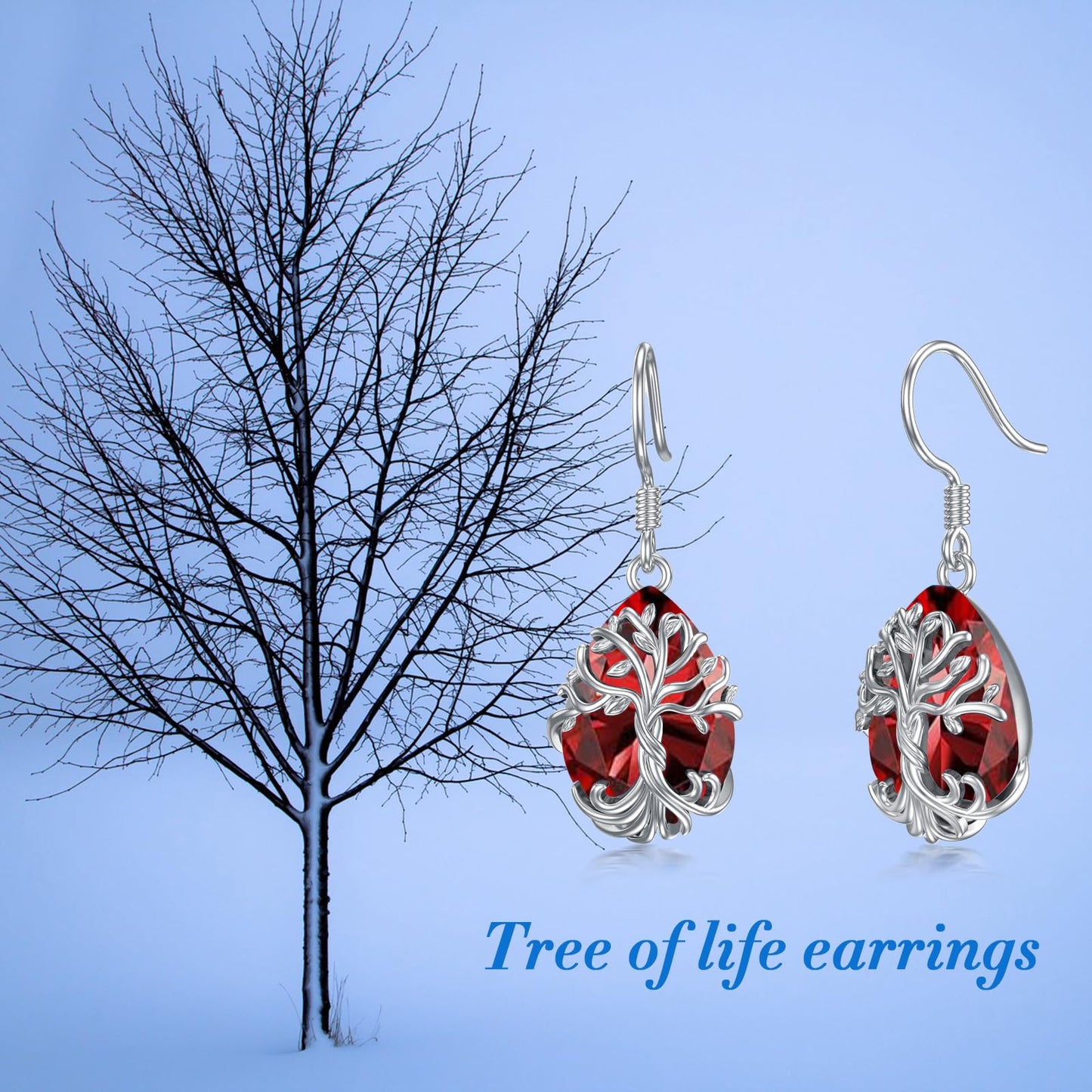 TOUPOP Garnet Tree of Life Earrings Sterling Silver Teardrop January Birthstone Earrings Family Tree Garnet Jewelry Birthday Mothers Day Gifts for Women Mom Her
