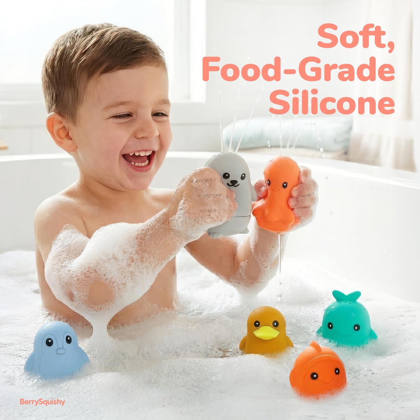 Ocean Friends Baby Bath Toys, Silicone Bath Toys for Babies 9 Months+, Toddler Bath Toys 1-3, Easy to Clean, Opens for Cleaning, 6-Piece Set