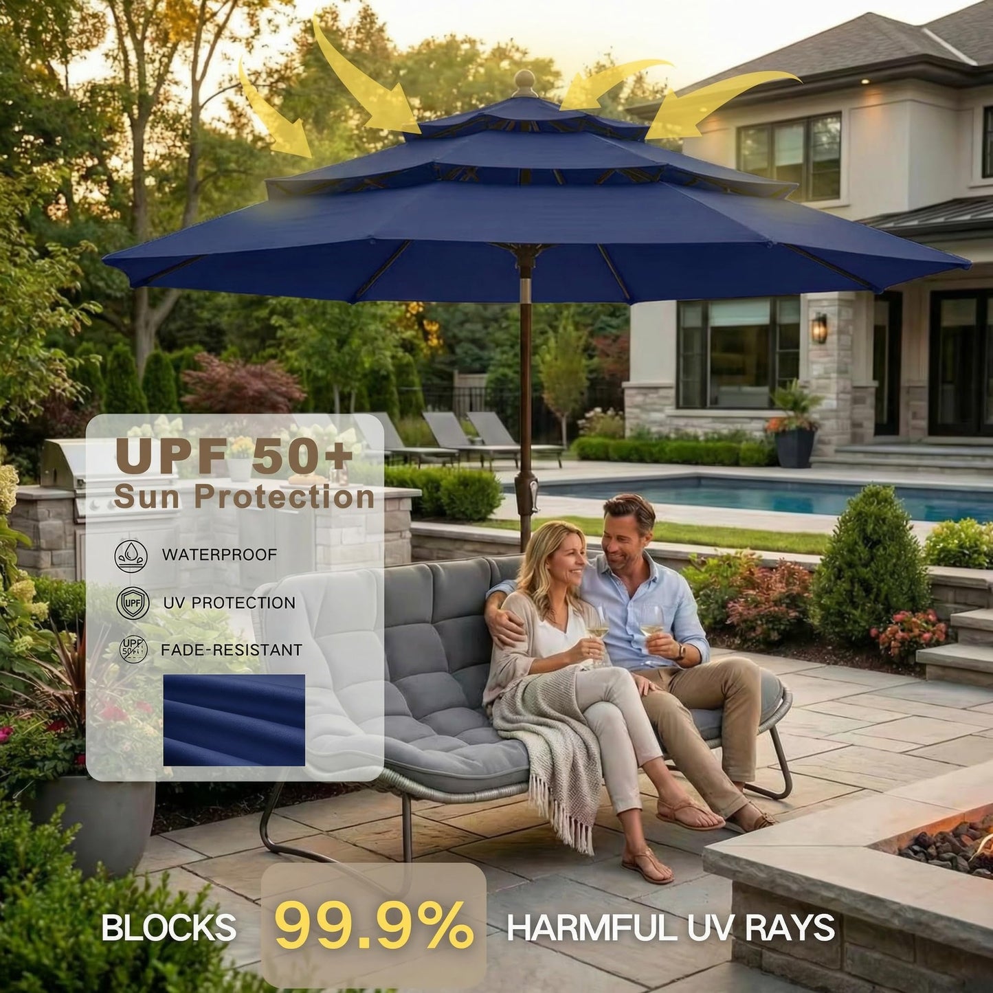 Kingdura 10ft 3-Tier Patio Umbrella, Outdoor Table Umbrella with Easy Crank & Tilt, 8 Reinforced Ribs, UV Protection for Deck, Pool, Market, Backyard (Navy blue)