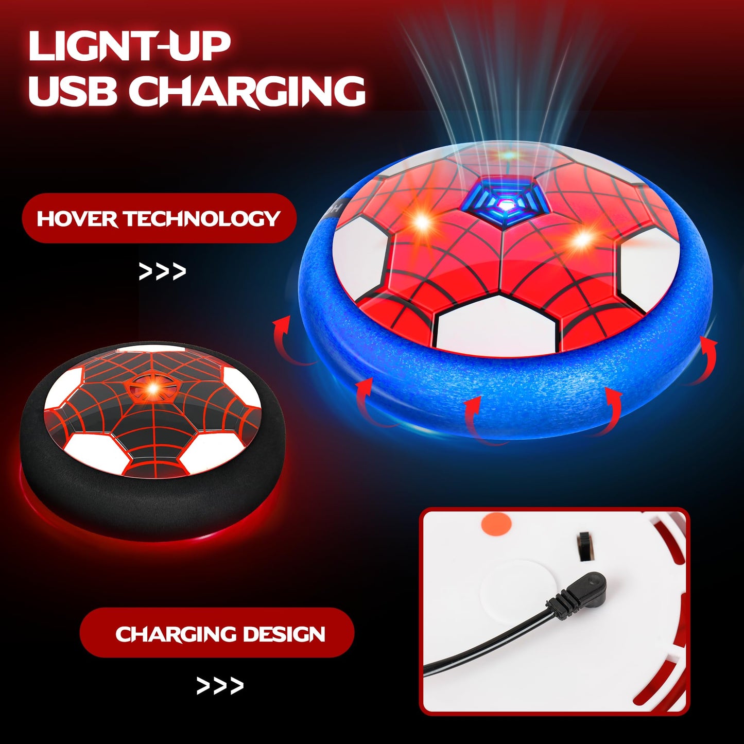 HitToys Airplane Launcher Toy & Spider Hover Soccer Ball Set for Kids | 3 Pack Spider Foam Gliders Air Planes, 3-in-1 Rechargeable Toddler Air Floating Football Toy Ball with Led for Boys Birthday
