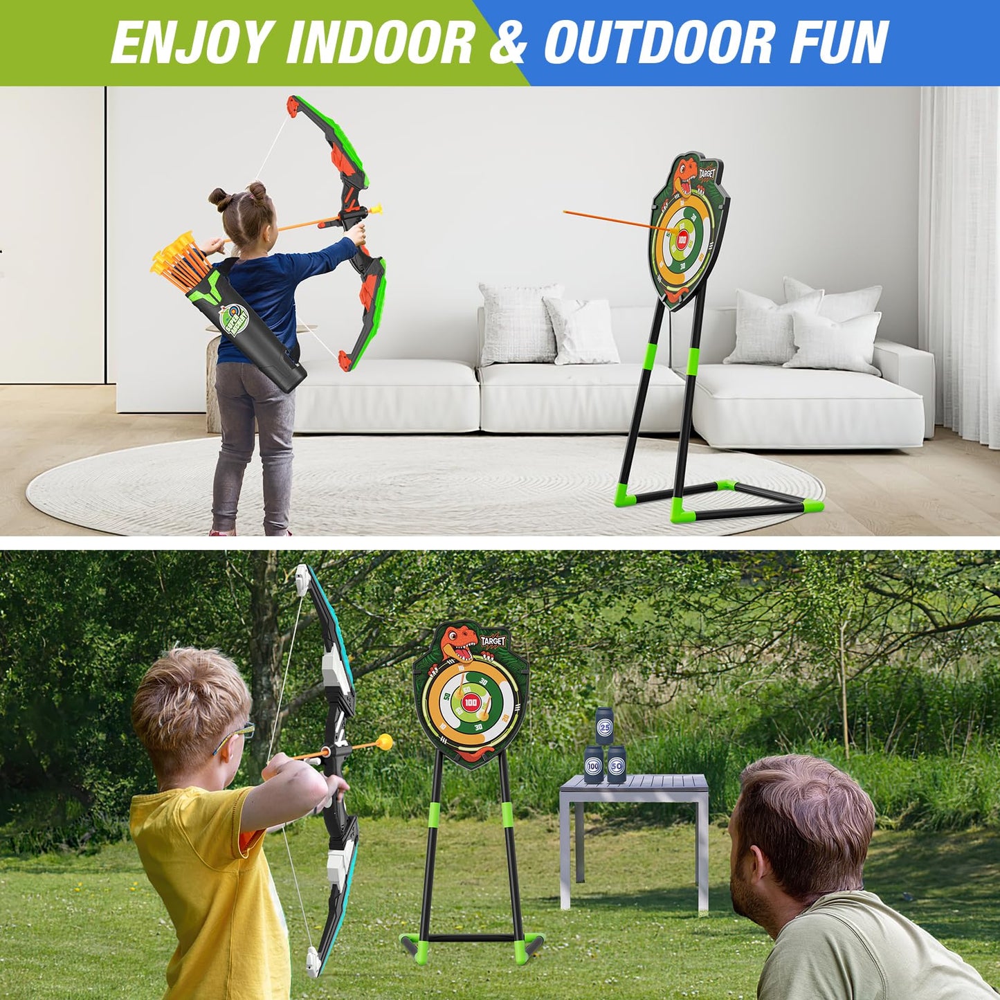 HYES 2 Pack Bow and Arrow for Kids, LED Light Up Archery Set with 24 Suction Cup Arrows, 1 Standing Target, 6 Score Targets & 2 Quiver, Indoor Outdoor Sport Gifts for Boys Girls Ages 4-8