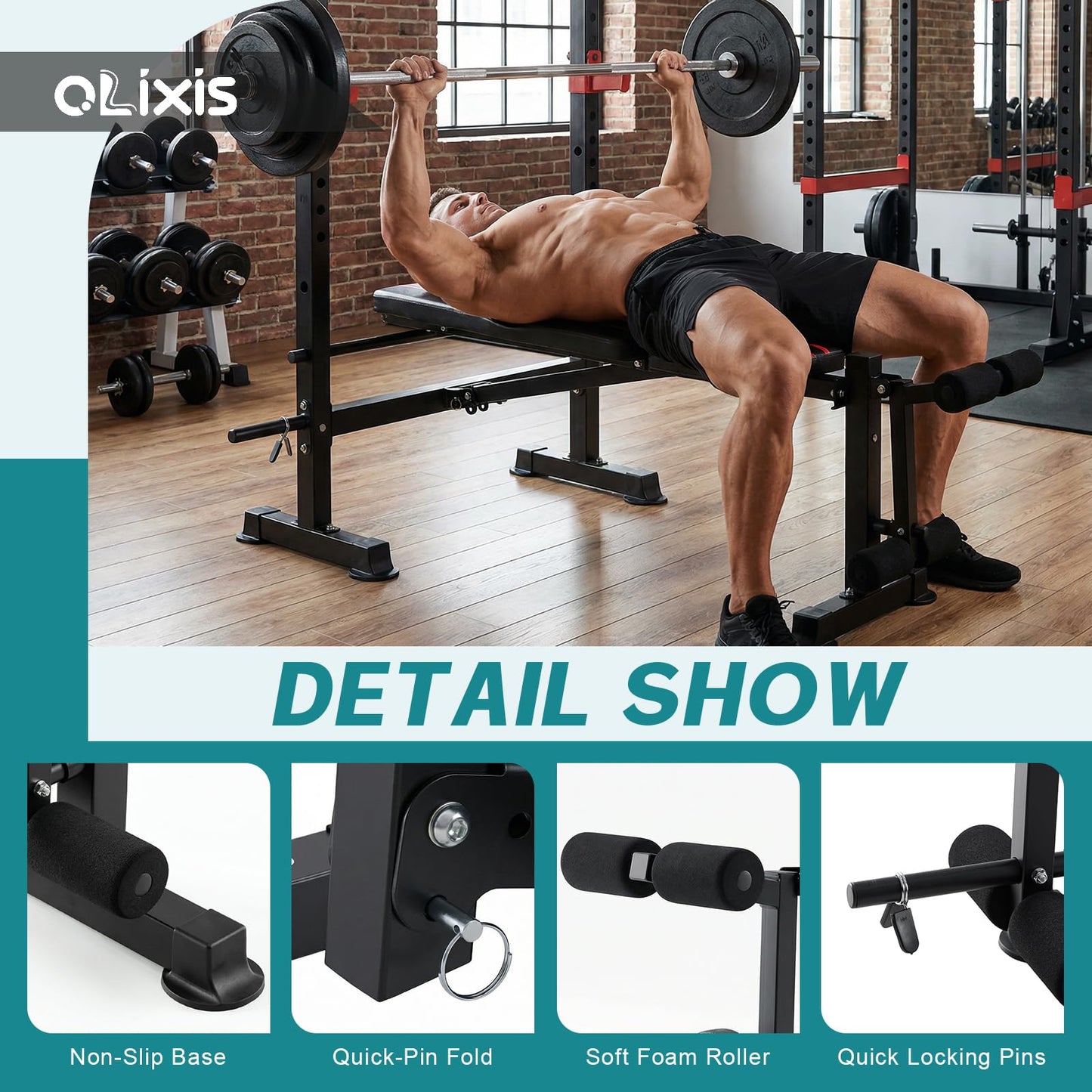 OLIXIS Adjustable Weight Bench Set with Rack, 650 LBS Capacity Heavy Duty Foldable Bench Press Set with Leg Extension Curl, Strength Training Workout Set for Garage, Home, Gym - Black & Red
