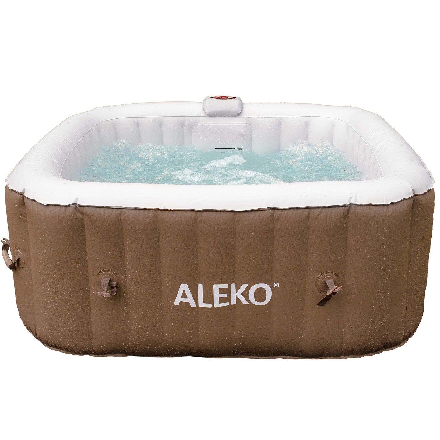 ALEKO Inflatable Hot Tub Spa | Personal High Powered Jetted Bubble | with Fitted Cover and 3 Filters | 160 Gallon | 4 Person Square | Brown | HTISQ4BR