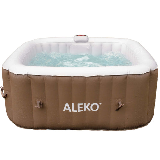 ALEKO Inflatable Hot Tub Spa | Personal High Powered Jetted Bubble | with Fitted Cover and 3 Filters | 160 Gallon | 4 Person Square | Brown | HTISQ4BR