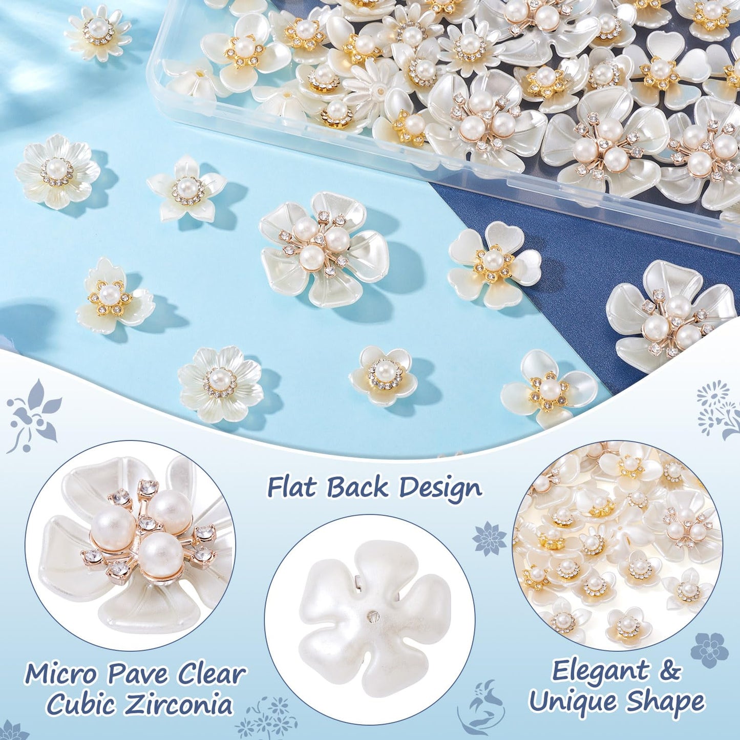 Beadthoven 56Pcs Pearl Rhinestone Buttons 8 Styles Vintage Crystal Flower Brooches Flatback Floral Button Embellishments for DIY Craft Wedding Bouquet Hair Clothing Jewelry Making Bag Shoes Supplies