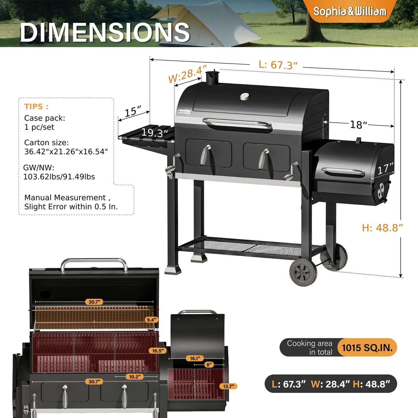 Sophia & William Extra Large BBQ Charcoal Grills and Offset Smoker,1015 SQ.IN. Cooking Area with Dual Lifting Charcoal Trays, Charcoal Barbecue Smoker Grill for Patio, Backyard Outdoor Cooking