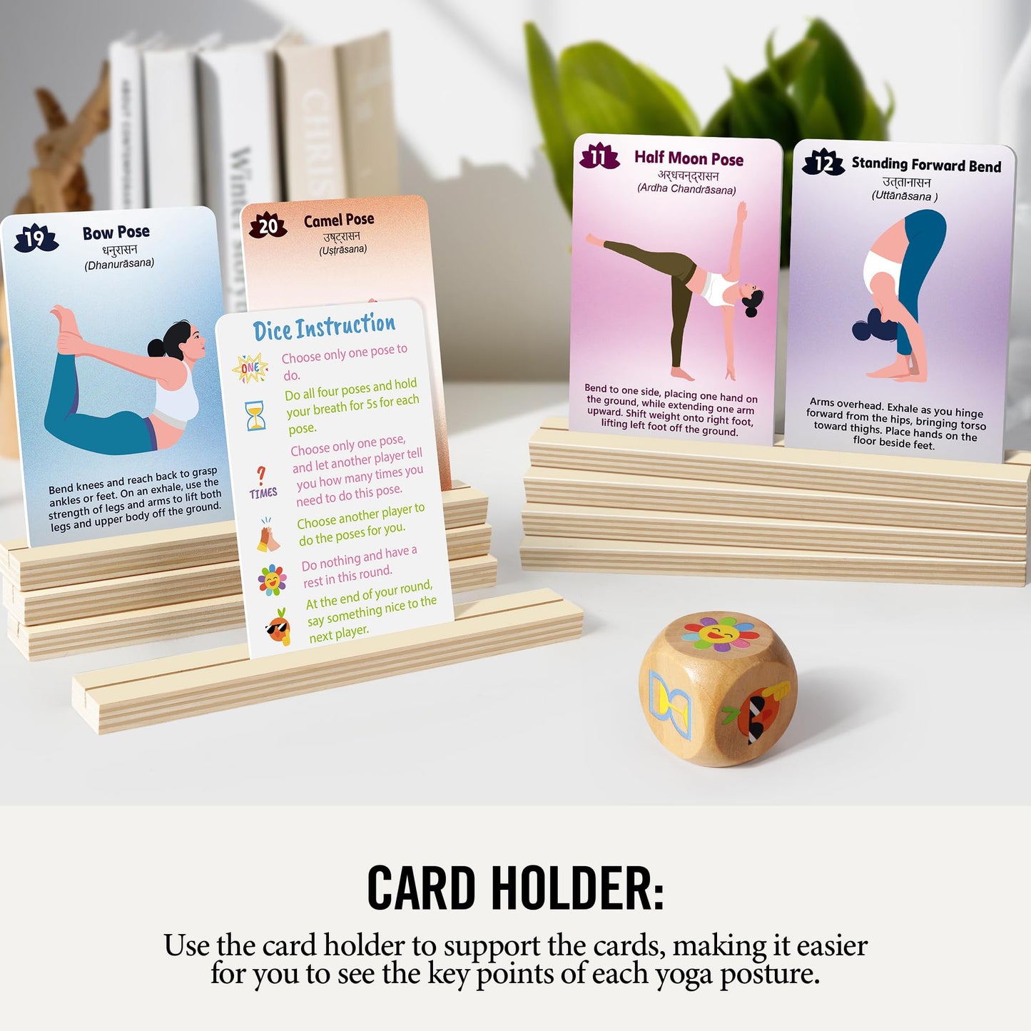 Homotte Yoga Cards and Wooden Yoga Dice Set for Beginners, Kids Yoga Accessories Pose Workout Kit with 4 Dice, 8 Card Holder, Gift for Women