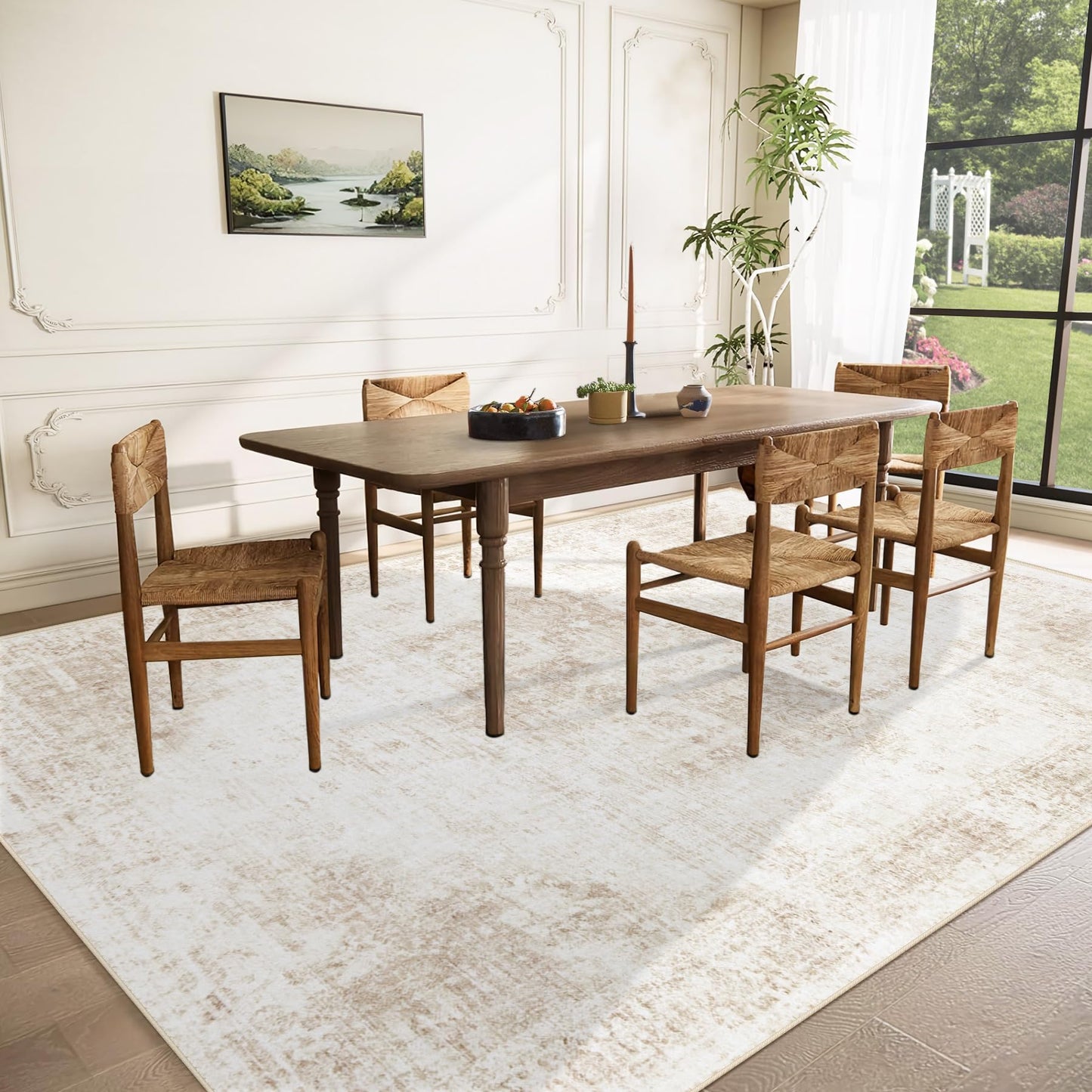 VECARF Area Rug 8x10 Washable Rug, Vintage Boho Medallion Rugs Non-Slip Soft Low Pile Large Distressed Rug Indoor Retro Carpet for Living Room Bedroom Dining Room Home Office (Beige, 8'x10')