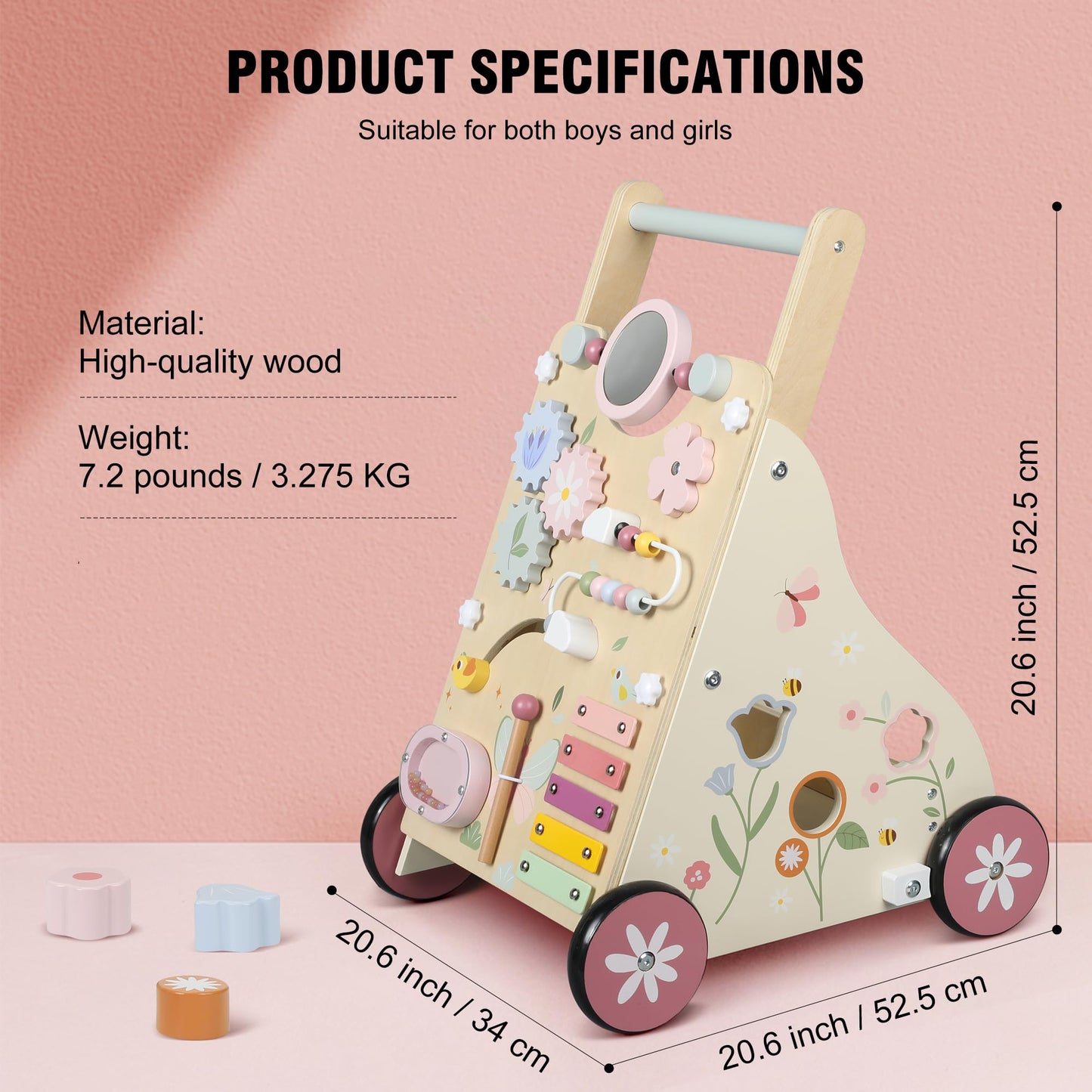 Pithfor Wooden Baby Walker, Baby Push Walker, Push Walker Toys for Babies Learning to Walk & Sit-to-Stand, with Montessori Sensory Toy & Activity Center for Girls Boys
