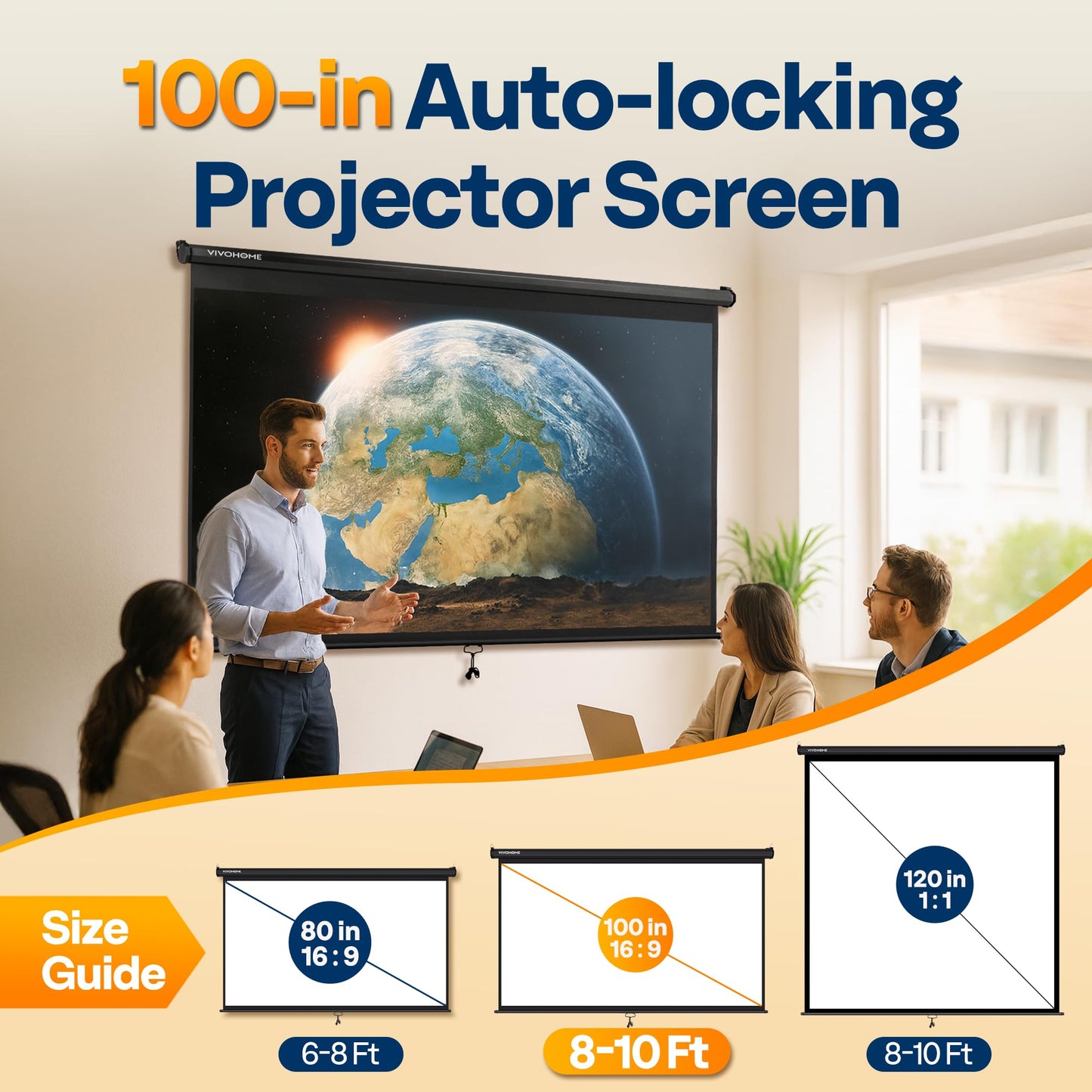 VIVOHOME 100 Inch 16:9 Pull Down Projector Screen, HD 4K Retractable Movie Screen for Indoor Home Theater and Office, Manual Projection Screen with Auto Locking (87W x 49H Inch Display Area)