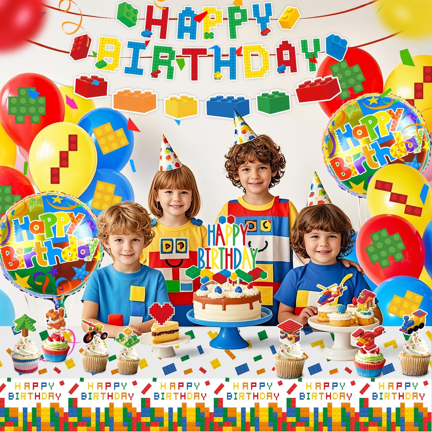 Building Block Birthday Party Decorations Supplies Kit - Balloons Tablecloth Banners Cake Toppers Foil Balloons Tattoo Stickers - Birthday Decorations for Kids Boys Girls Building-Themed Celebration
