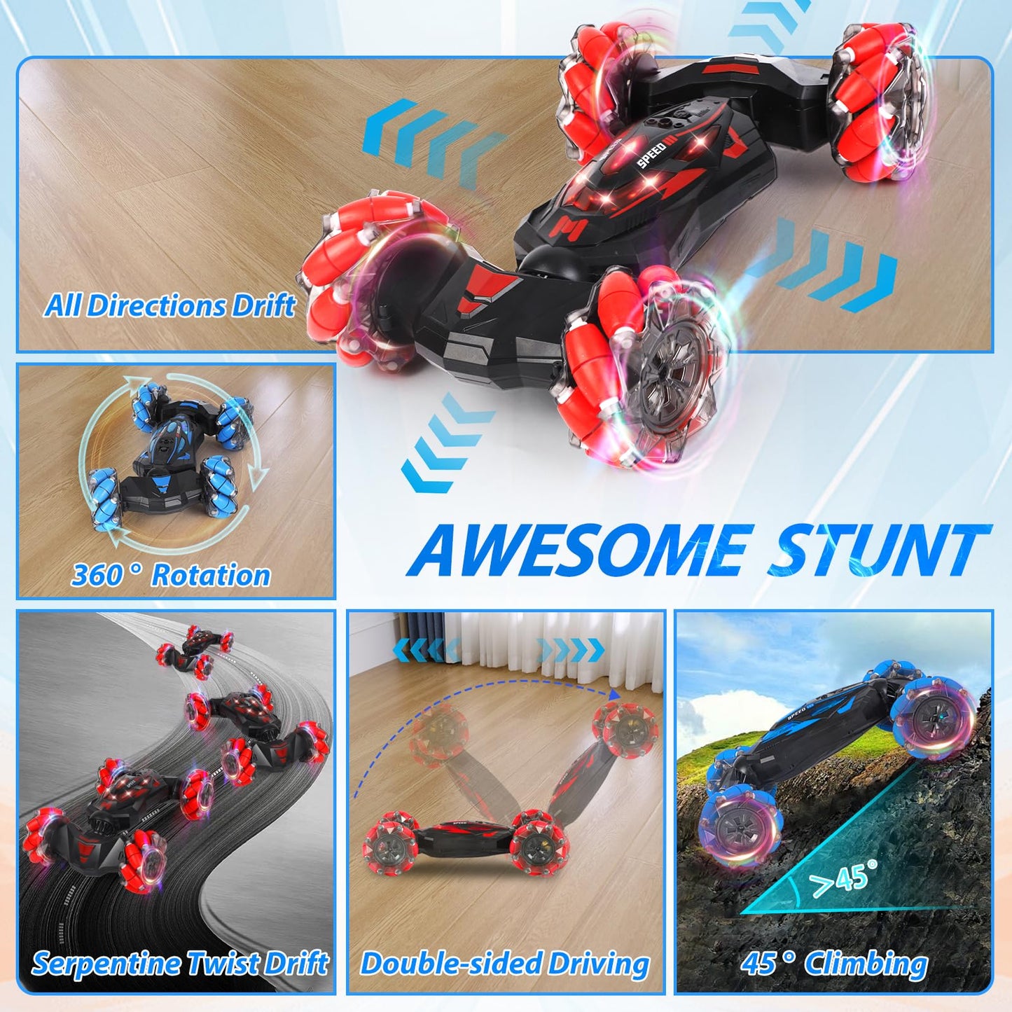 XAMIMM RC Stunt Car, 2.4 GHz 4WD Remote Control Gesture Sensor Toy Cars, Double Sided Rotating Off Road Vehicle 360° Flips with Lights Music, Drift rc car for Boys and Girls 5-13 Birthday