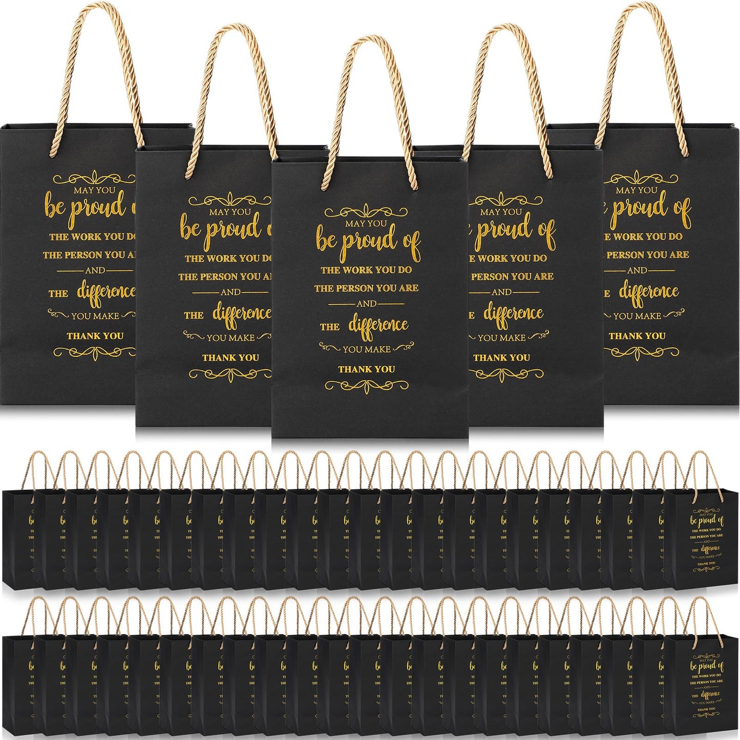 Fulmoon 50pcs Thank You Gifts Bags Employee Appreciation Pape Bags Bulk 5.9 x 3.1 x 8.3'' Inspirational May You Be Proud Gift Sack with Handle for Coworkers Teacher Valentine's Day(Black)