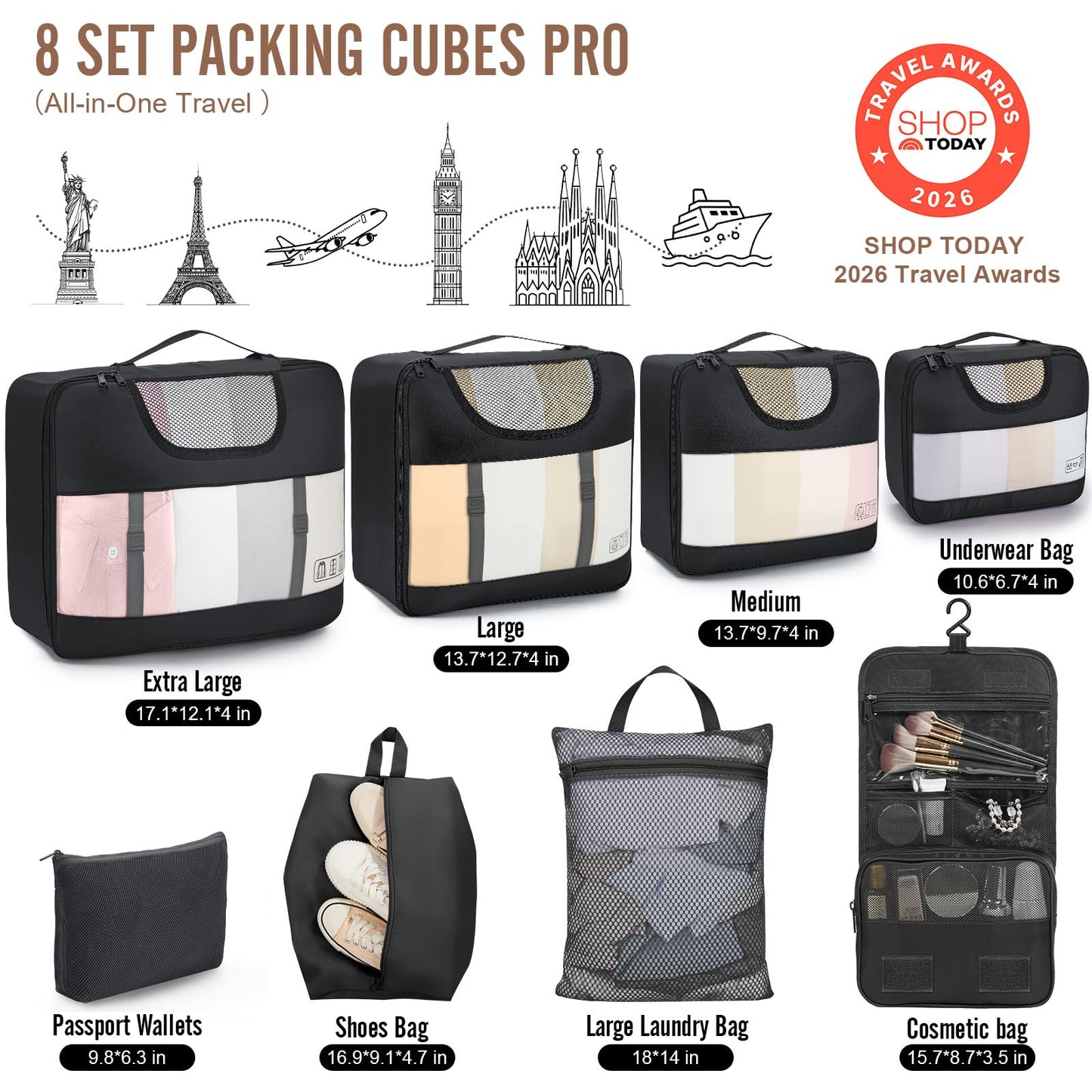 Veken 10 Set/8 Set Packing Cubes for Travel Essentials, Suitcase Organizer Bags in 4 Sizes, Carry-On Luggage Accessories with Laundry Bag & Passport Holder, Airplane Must Have, Camp Gifts for Men