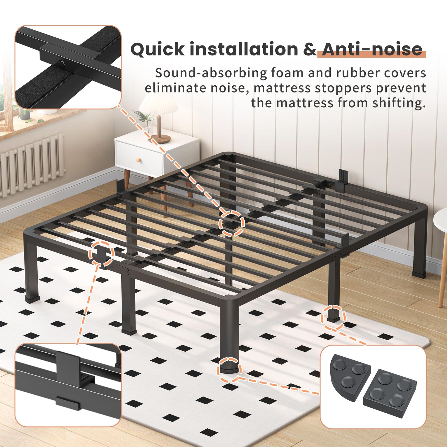 VIPSHOW 20 Inch Queen Heavy Duty 3500 lbs Bed Frame with Round-Corner Legs & Anti-Squeak Design – Quick Assembly Metal Platform, No Box Spring Needed