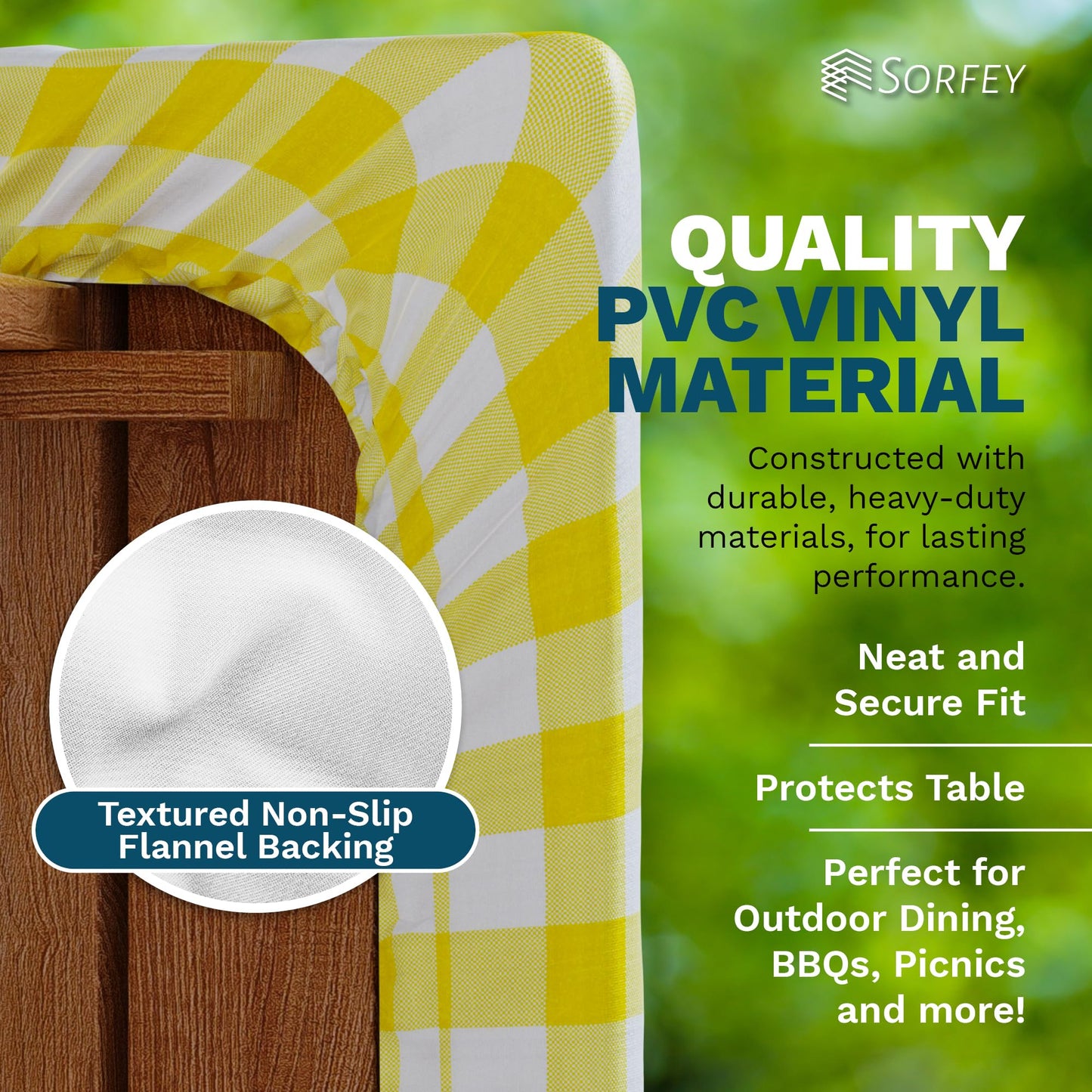 Sorfey Picnic Table Cover with Bench Covers -Fitted with Elastic, Vinyl with Flannel Back, Fits for Table 30"x 60" Rectangle,Water Proof, Solid Yellow Design