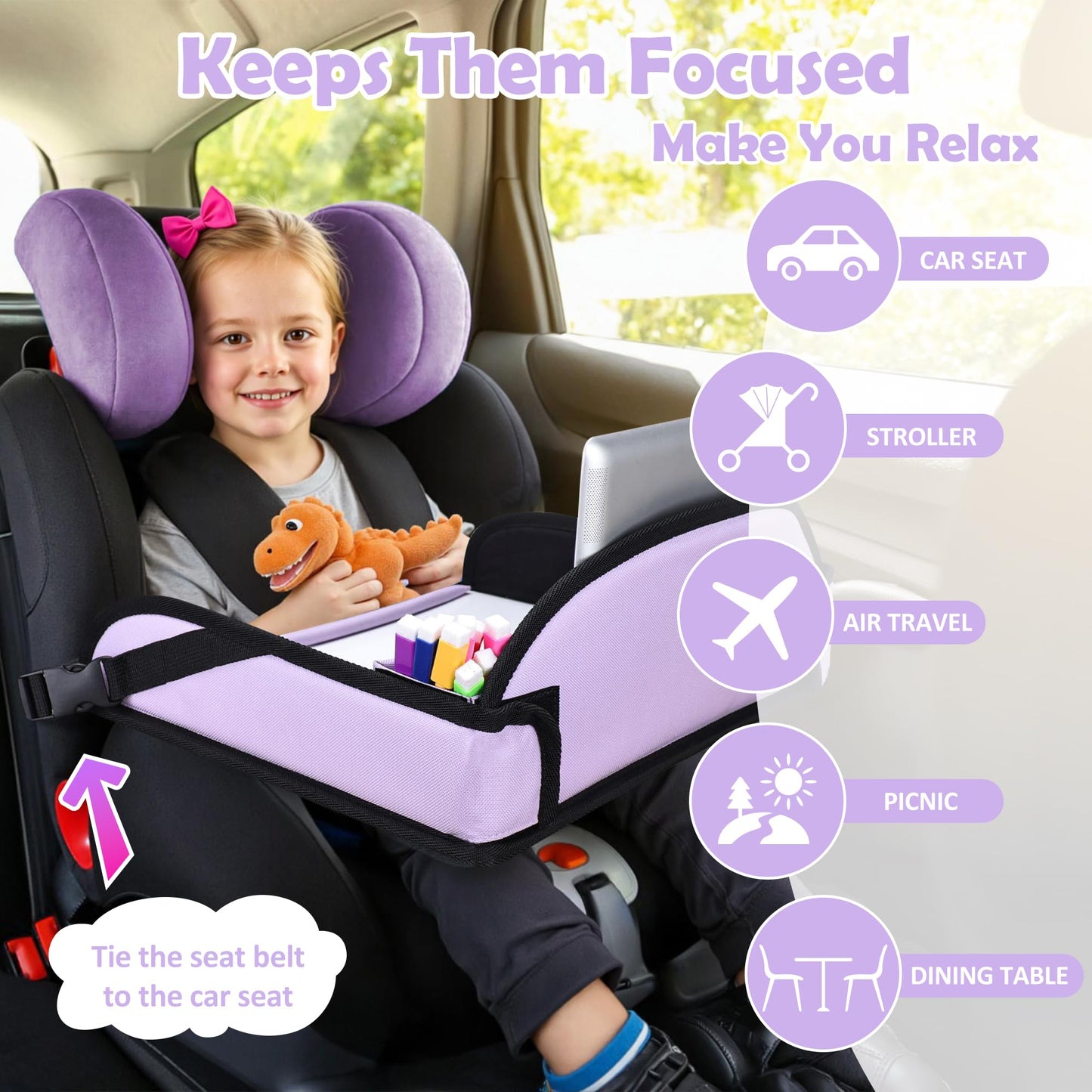 AZAMIA Kids Travel Tray for Toddler Carseat, Road Trip Activities Essentials for Toddler, Kids Lap Desk Tray with Tablet Holder Stand ＆ Dry Erase Board (Purple)