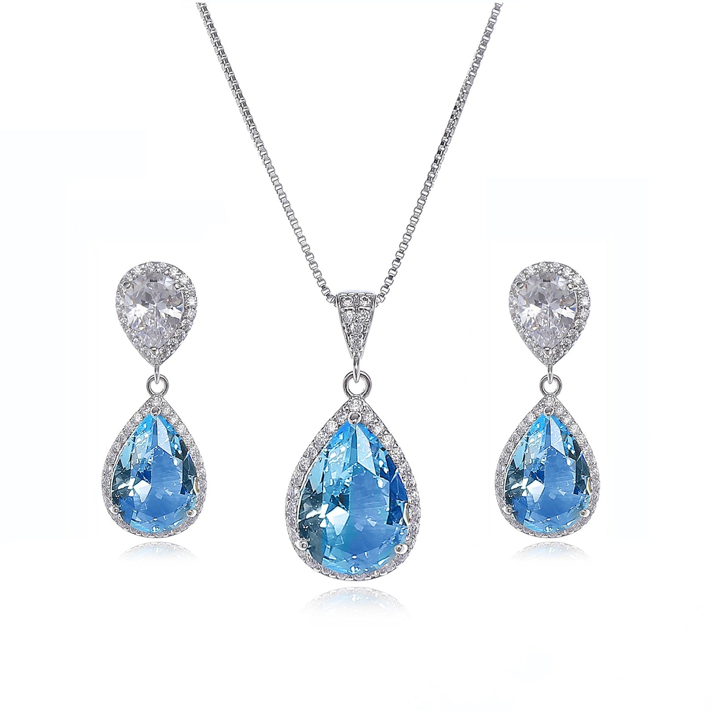 AMYJANE Wedding Jewelry Set for Women - Sterling Silver Teardrop Aquamarine blue Cubic Zirconia Crystal Rhinestone Drop Earrings and Necklace Bridal Jewelry Sets for Bridesmaids