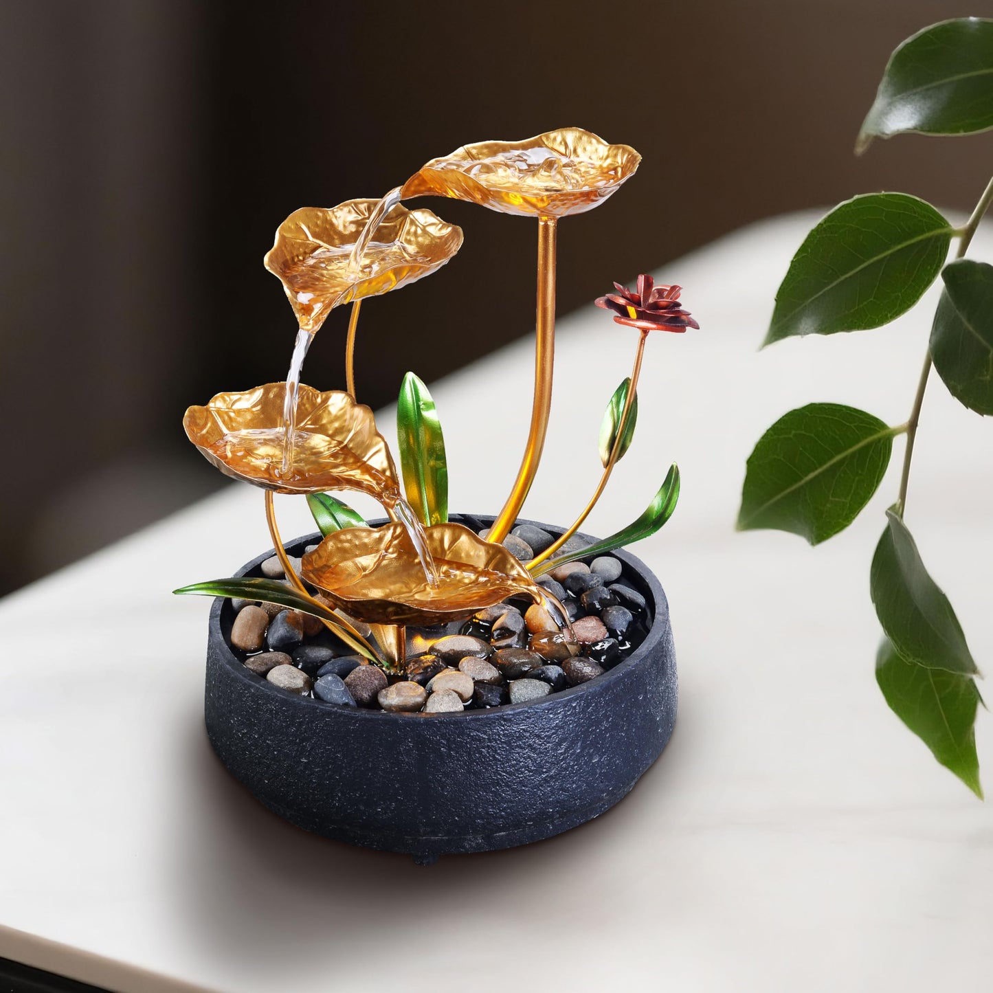 MSEONWXI Tabletop Fountain Metal Lotus Circulating Fountain Water Feature for Zen Home Decor Warm Yellow Scene Light(23034)