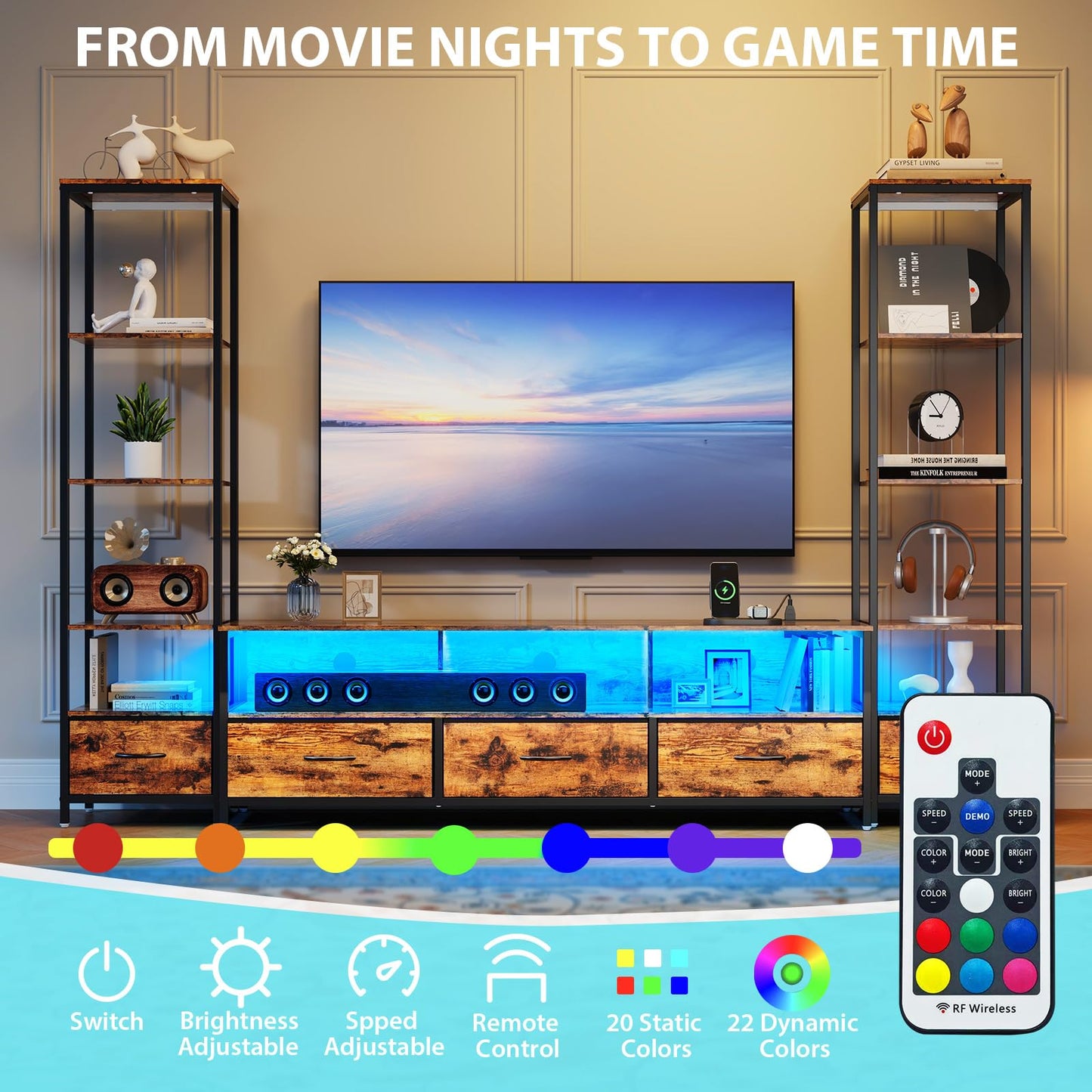 Takywep Modern TV Stand with Bookshelf, Wood and Metal Compact Entertainment Center with Fabric Drawer, LED Lights & Charging Hub for Living Room