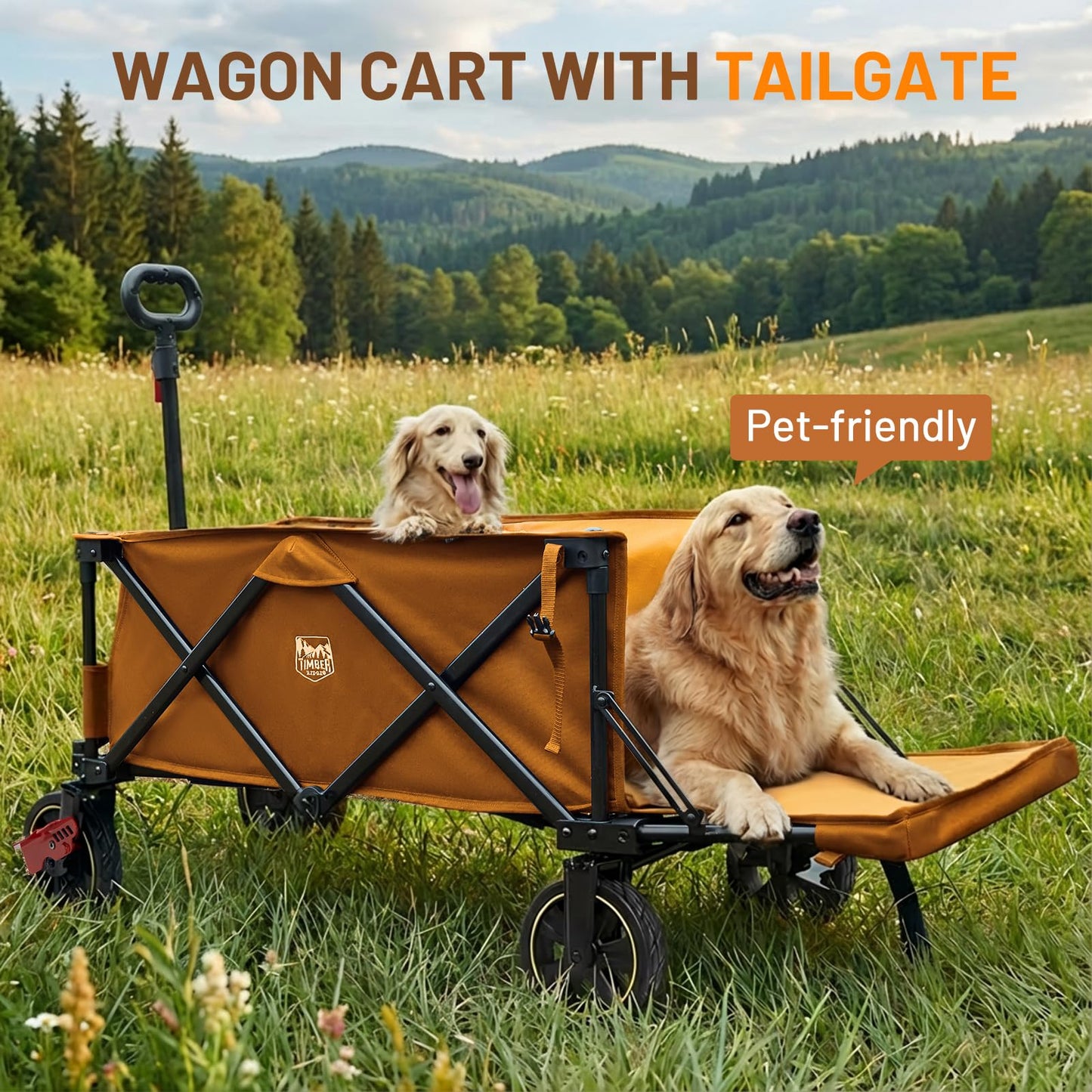 Timber Ridge 49" Extra Long Collapsible Folding Wagon with Tailgate and Brakes, 250L Capacity All-Terrain Wagon Carts Foldable, 300lbs Portable Cart for Dog, Garden, Outdoor Camping Sports, Orange