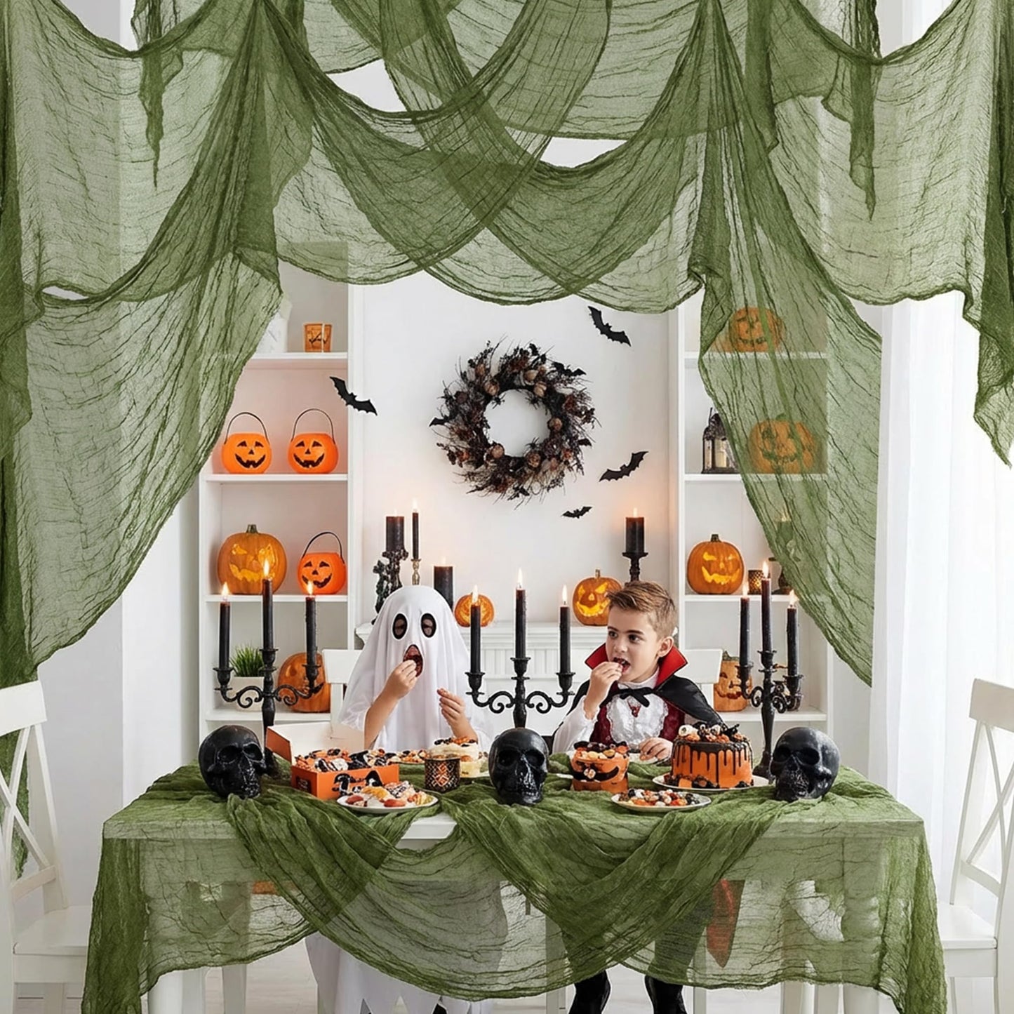Watayo 400 x 85 Inches Halloween Dark Green Creepy Cloth, Oversize Halloween Cheese Cloth, Scary Spooky Fabric Gauze for Outdoor Haunted House Yard Doorway Decor