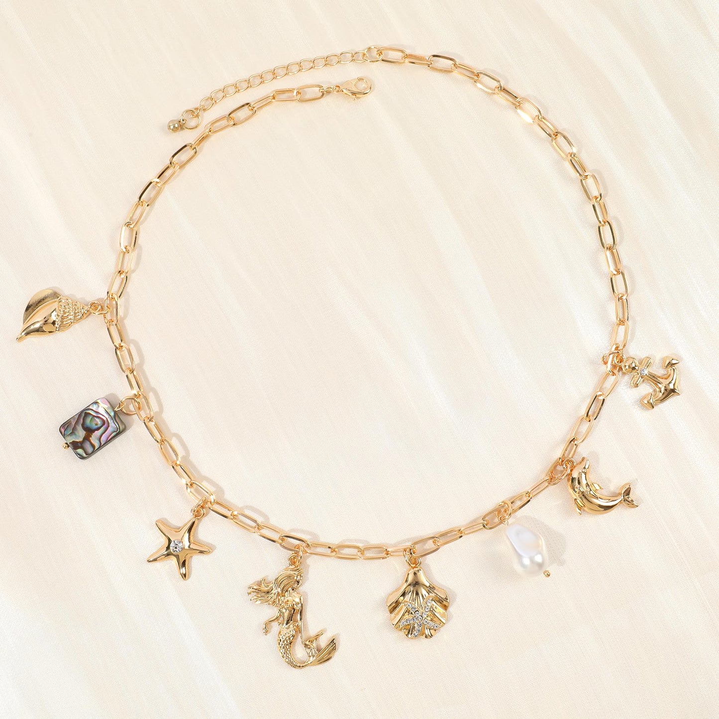 Gold Ocean Charm Necklace for Women Hawaii Chain Necklace with Cute Dangle Mermaid Shell Pearl Starfish Conch Dolphin Ship Anchor Sea Pendant Adjustable Trendy Y2K Summer Beach Jewelry Gift for Women