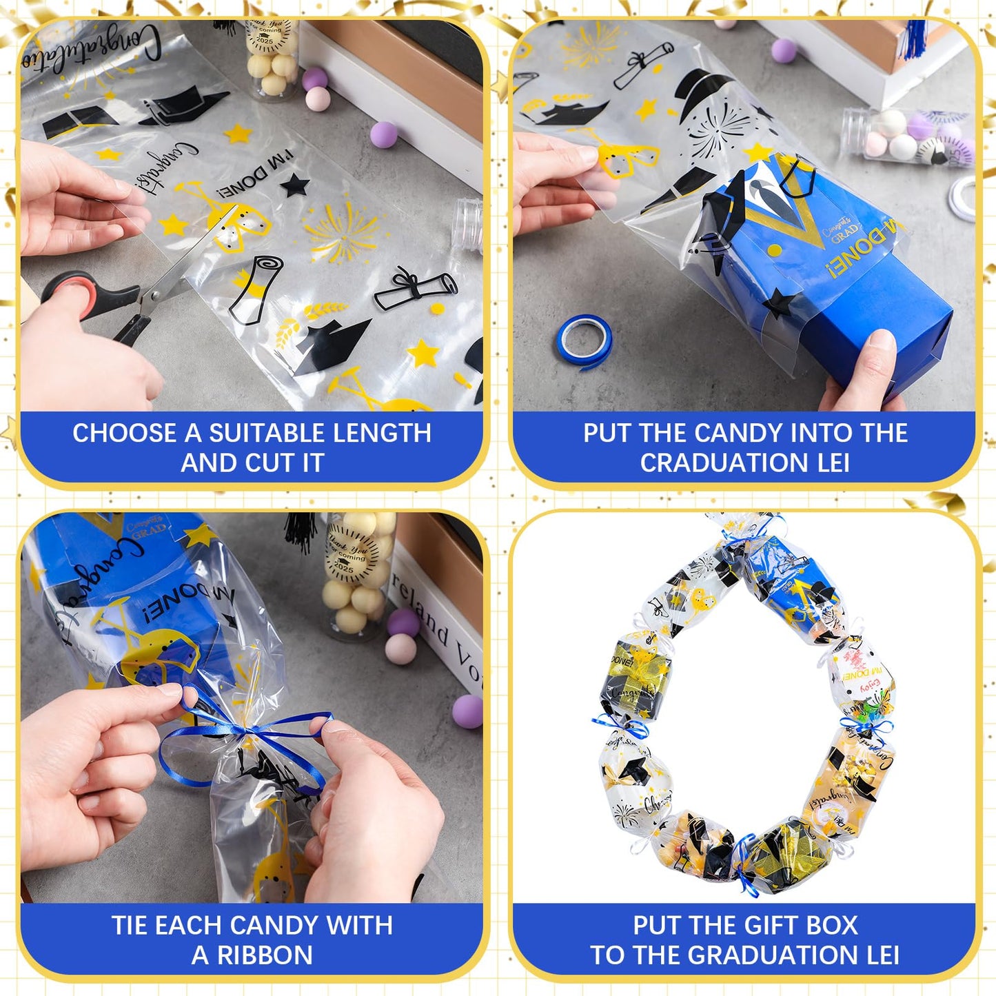 Gilprop Graduation Candy Leis 5.9'' x 65.6 ft 2026 Graduation Candy Lei Tubing Making Kit Supplies with 2 Color Ribbons for Class of 2026 Grad Party Grad Wreath DIY(White, Blue)