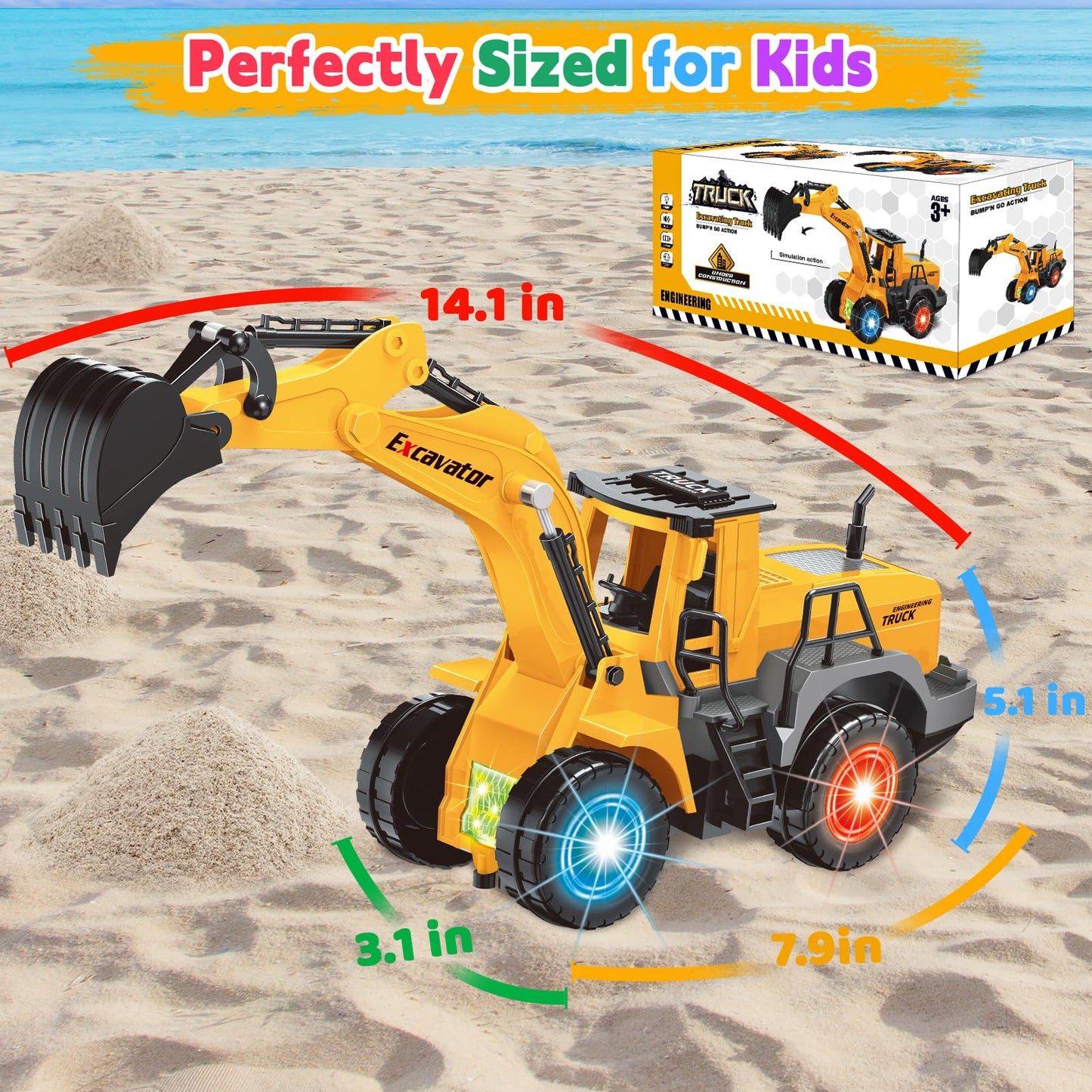 Car Toys for Toddlers, Excavator Toy with 2 Flashing Lights Music, Toy Trucks Construction Vehicle with 1 Moving Arm, Baby Toys for 3 4 5 6 Year Old Boys, Kids Valentine's Day Easter Birthday Gifts