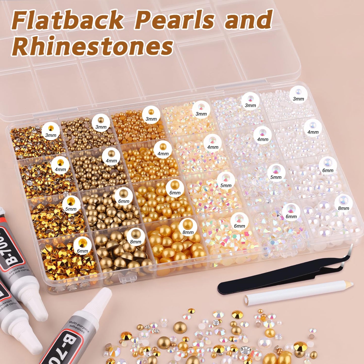 14000PCS Flatback Pearls and Gold Rhinestones for Bedazzling Kit, White Brown 3-10mm Resin Rhinestones and Half Pearls for Crafting, Nail Art Crafts Dec with 3pcs B7000 Jewelry Glue