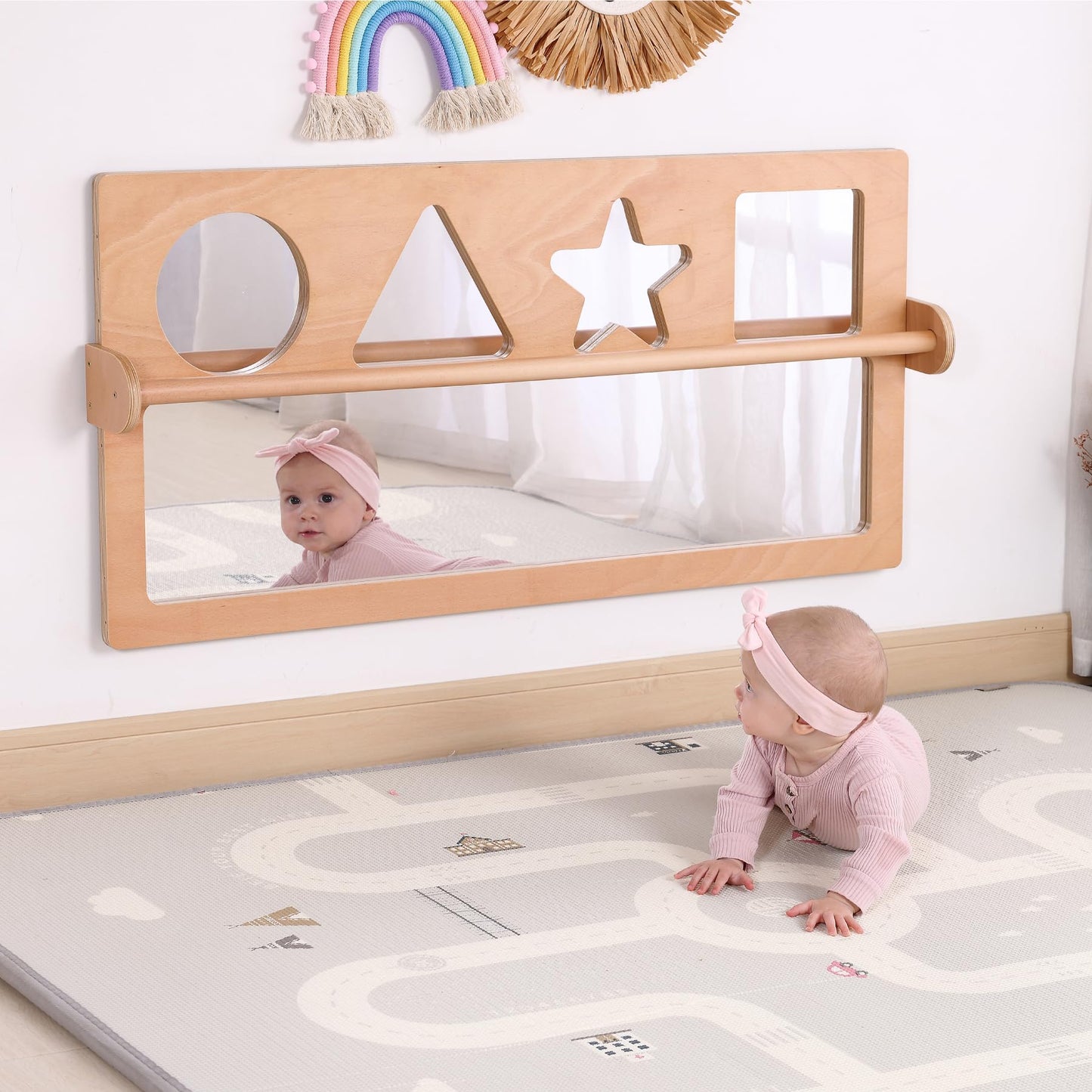 Bolocon Baby Early Learning Shatter-Resistant Safety Mirrors w/Pull Up Bar, Infants Exploration Set, Toddlers Montessori Classroom Furniture for Daycare, Preschool and Nursery (Natural, Standard)