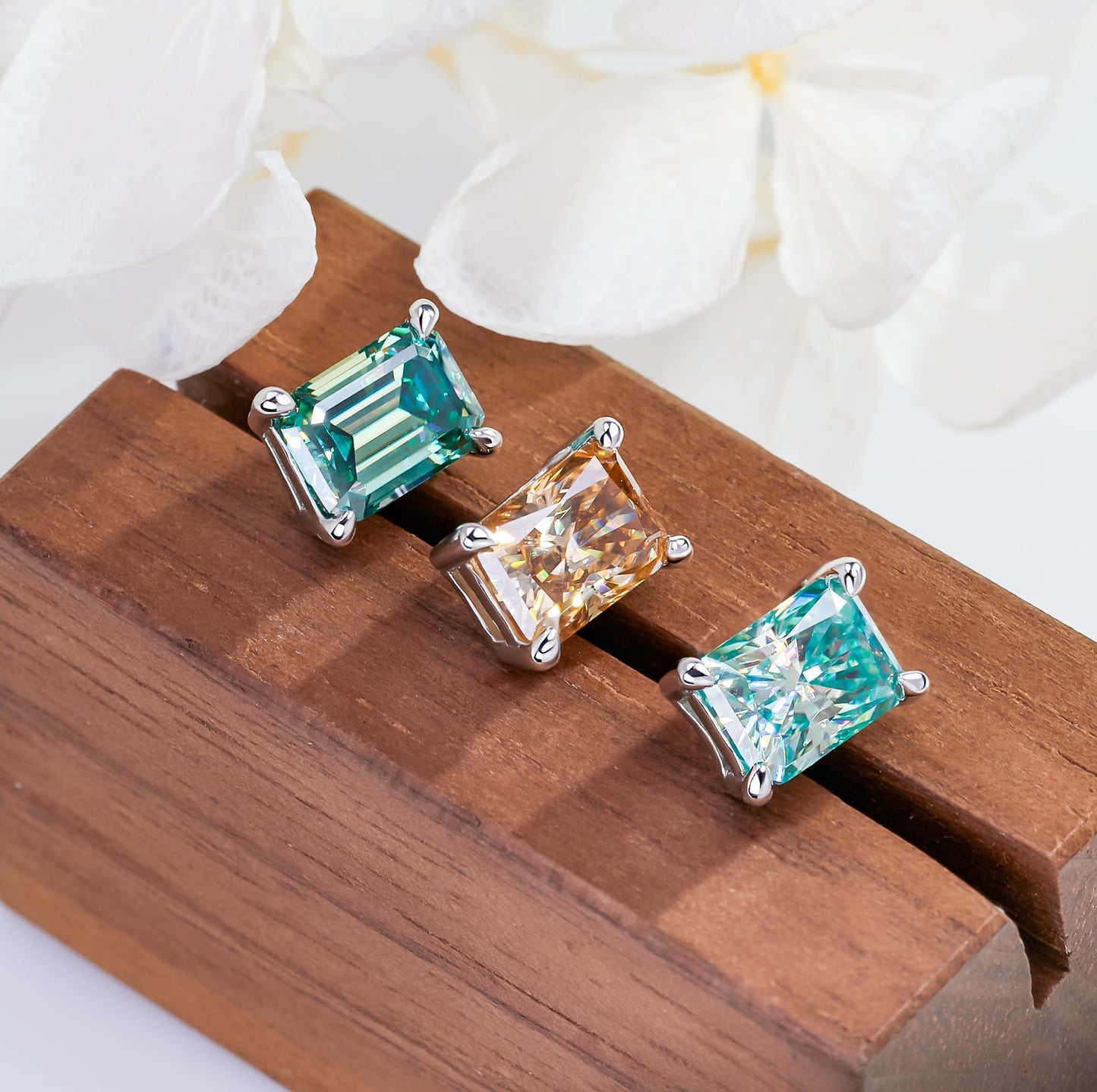 GIGAJEWE Blue Green Color Moissanite Stud Earrings Radiant Cut Moissanite Earrings 2.0ct/pair,18K Gold Plated 925 Steling Silver, Stud Earrings For Women (Emerald-Cyan)
