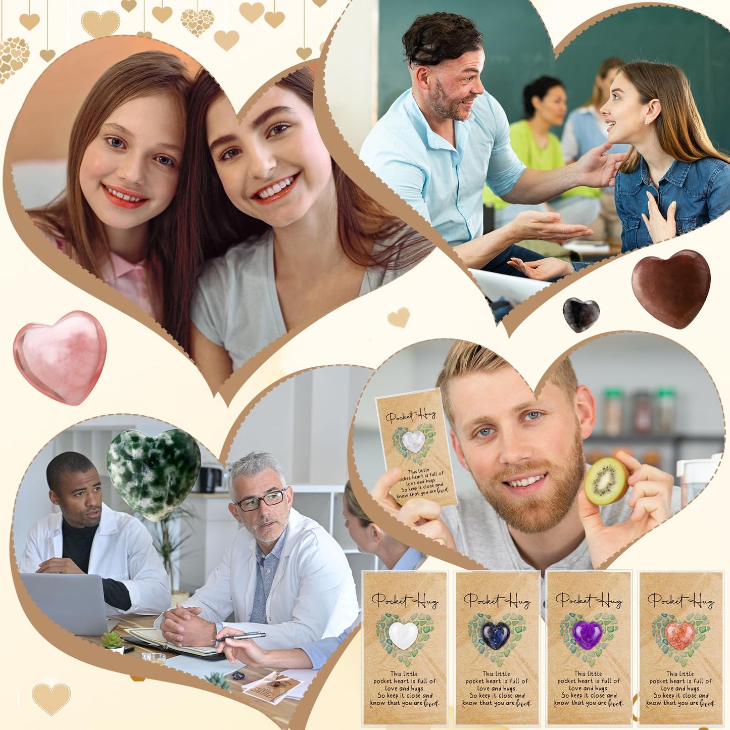 Nosiny 30 Sets Heart Stones Bulk Mother's Day Gift for Women Pocket Hug Token 0.8'' Natural Heart Crystals and Healing Stones with Card Employee Coworker Volunteer Nurse Graduation Meditation Gift