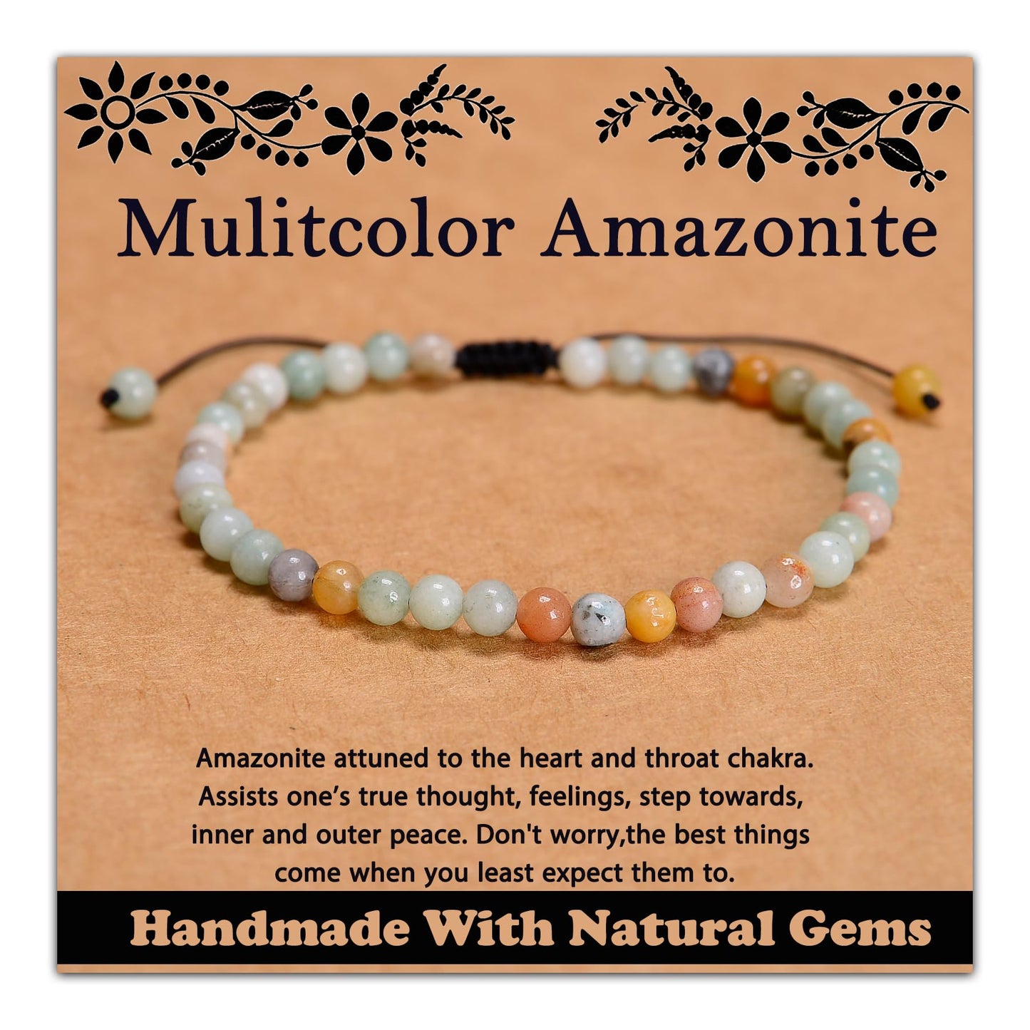 CHCCOYE 4mm Handmade Adjustable Natural Gemstone Crystal Bracelet Healing Power Energy Inspirational Gifts with Card for Unisex (Mulitcolor Amazonite)