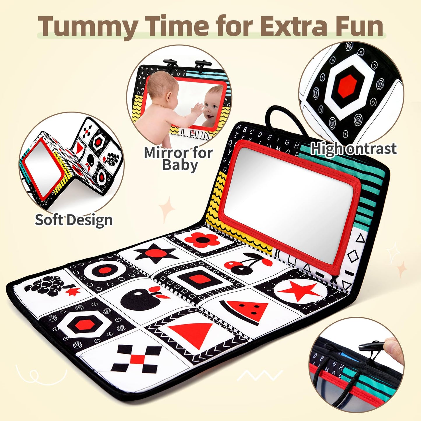 Toyssa Montessori Toys for Babies 0-6 Months, 6 in 1 Wooden Learning Educational Sensory Toys with Spinning Drum & Tummy Time Mirror & Baby Rattle & Flash Card, Birthday Gifts for Babies Boys Girls