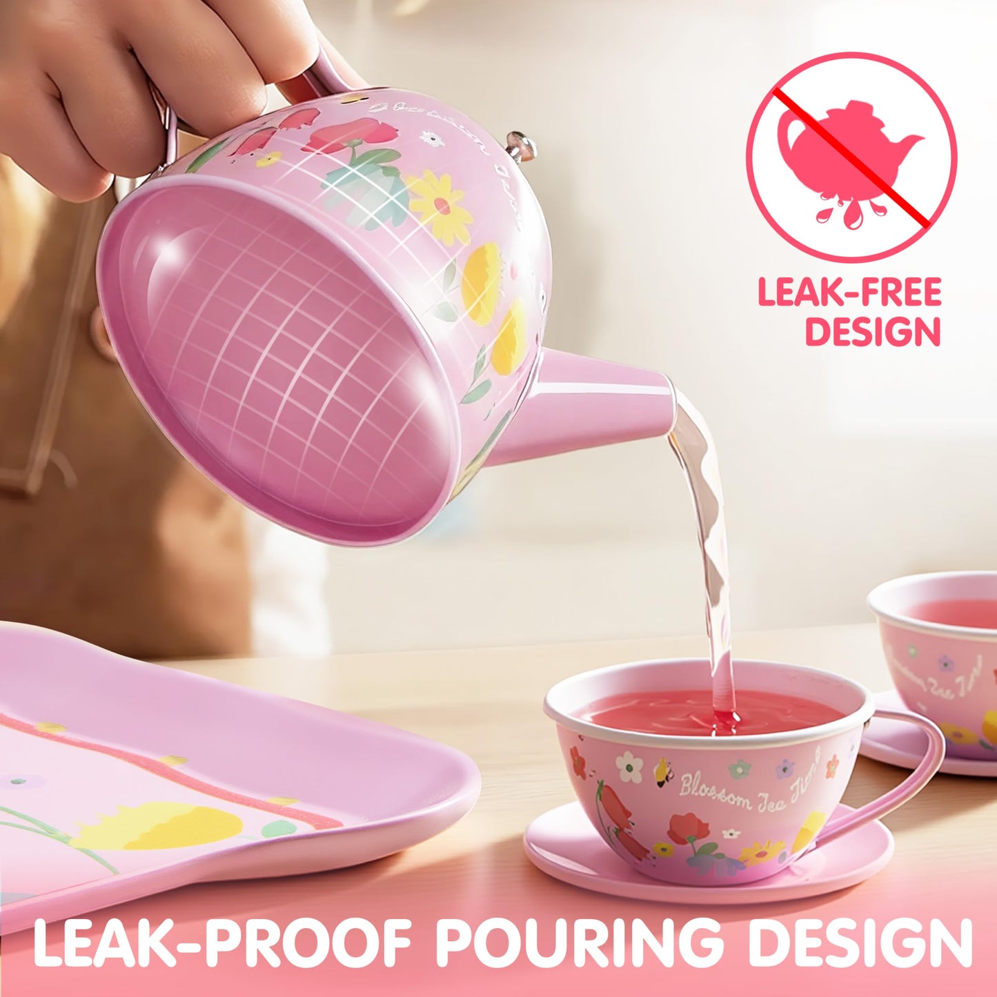 JOYIN Fairy Blossom Tea Party Set for Little Girls, Pretend Pink Tin Teapot Set, Princess Tea Time Play Kitchen Toy with Teapot, Cup, Plate, Carrying Case for Kids Toddlers Age 3 4 5 6