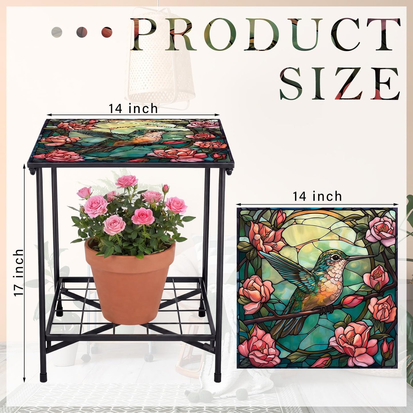 Cinnvoice Outdoor Side Table 2-Tier Storage Square Small Mosaic Patio Accent Indoor End Plant Coffee Tea Table for Yard Patio Porch Garden Living Room, Bedroom(Hummingbird Style)