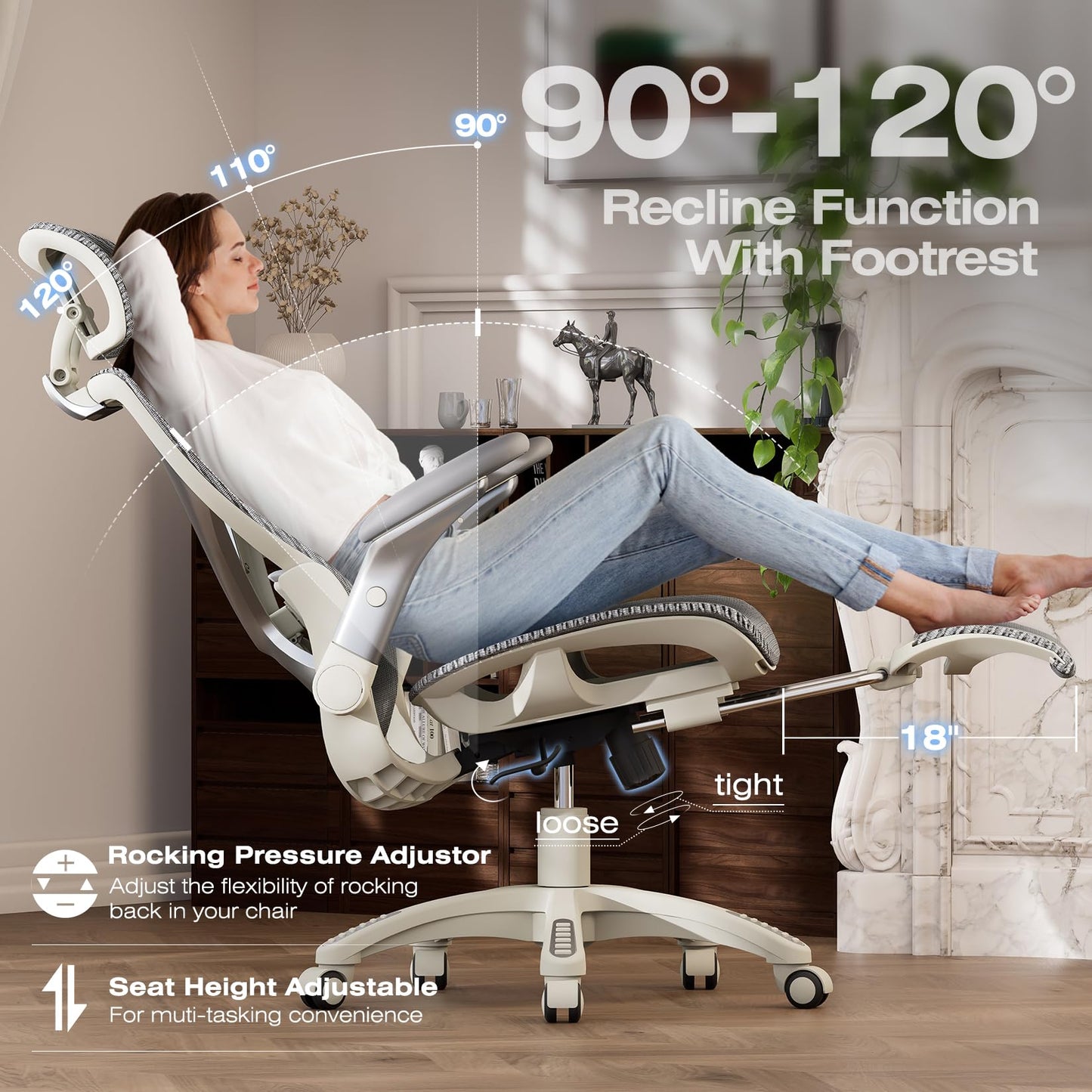 ELABEST X100 Ergonomic Office Chair with Footrest, Big and Tall Home Desk Chair with 5D Flip-Up Arms, Adjustable 3D Lumbar Support,High Back Rolling Computer Chair, Swivel Mesh Chairs (Frosted Dawn)