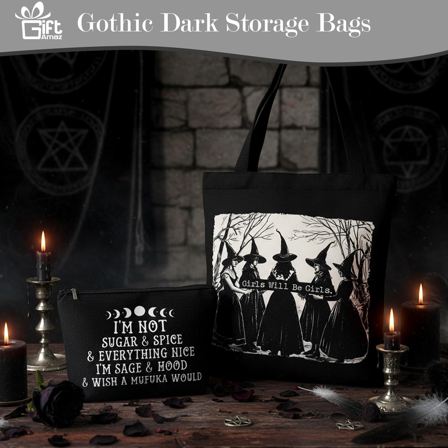 Giftamaz Gothic Gifts for Women - 12 PCS Witchy Gifts Goth Accessories with Hair Clips, Witch Canvas Tote Makeup Bag, Spooky Gifts Basket Witchy Skull Gift Box for Girls Teens Friend Gothic Lovers