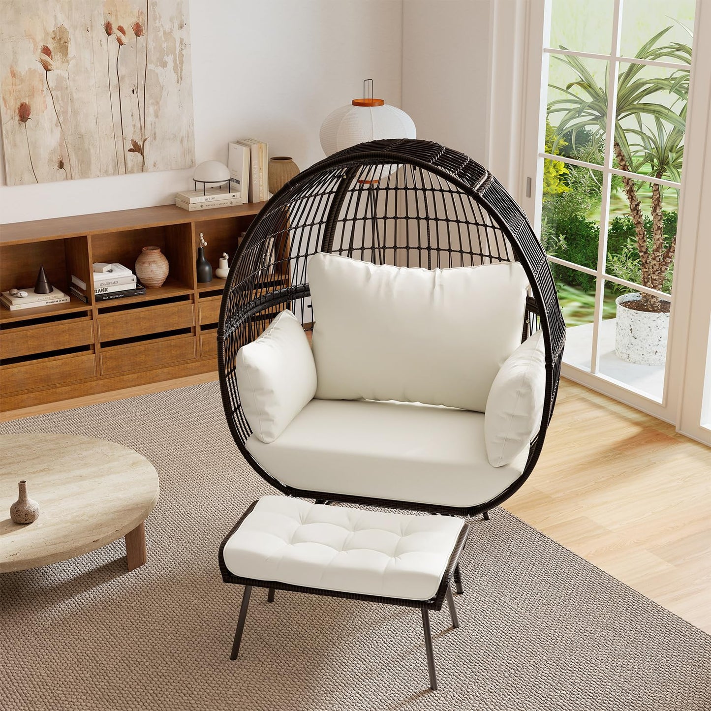Tangkula Oversized Wicker Egg Chair with Ottoman, Patio Lounge Basket with 5 Soft Cushions, Stable Metal Frame, Gorgeous Indoor Outdoor Lounge Chair, Ideal for Living Room, Backyard, 450 LBS Max Load
