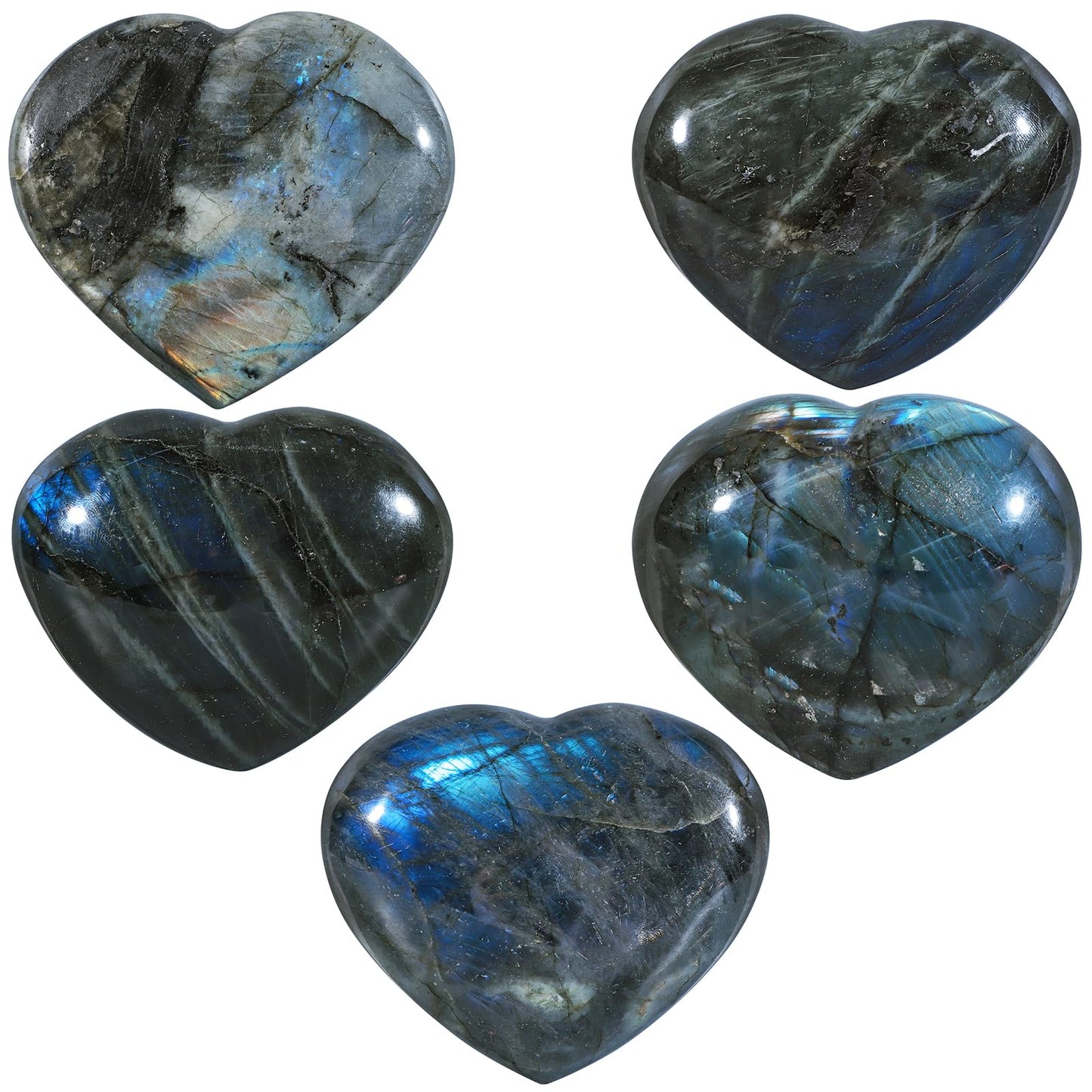 Nupuyai 2.36"-3.35" Natural Labradorite Heart Stone, Polished Worry Palm Stone for Anxiety Relief, Reiki Healing Crystal Meditation & Positive Energy Feng Shui Decor for Home Office, 201g-300g