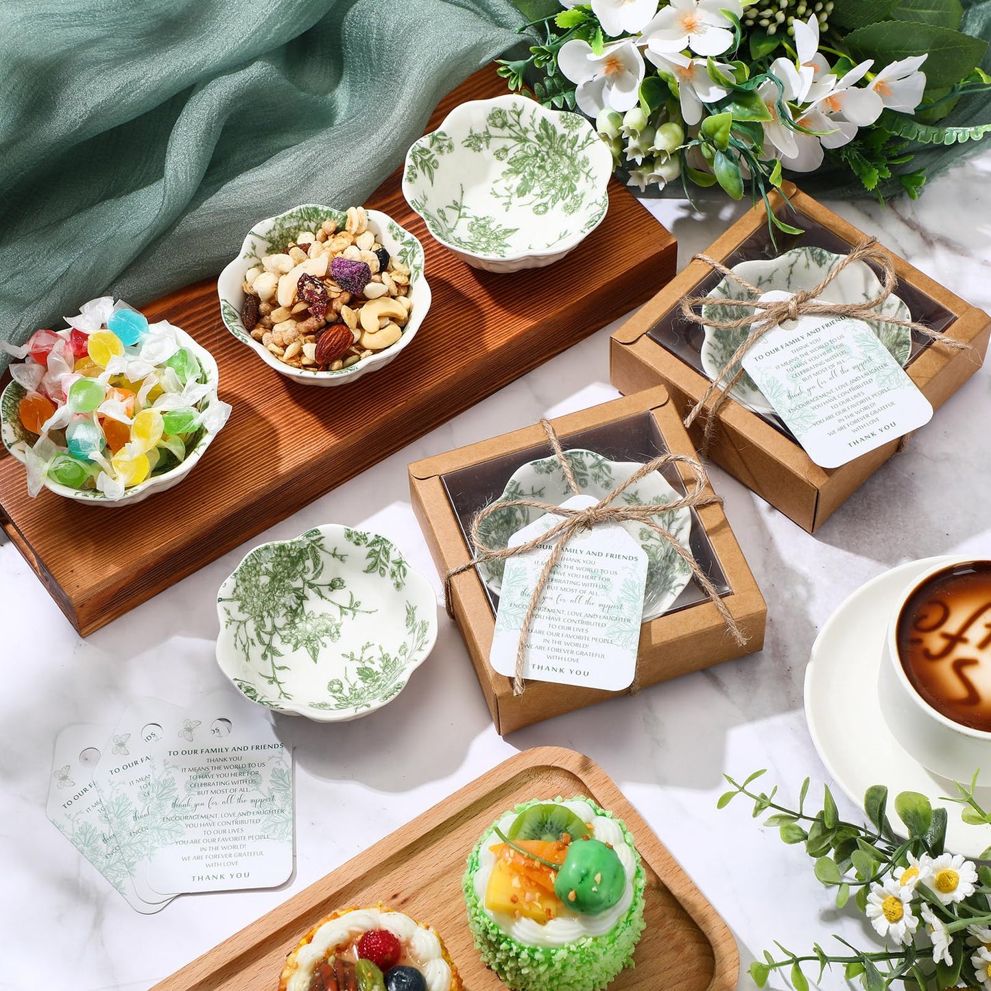 Teenyyou 40 Pack Wedding Favors for Guests Small Ceramic Bowls Bulk Gifts Set 3.3 Inch Sage Green Verdure Design Mini Dipping Bowl Sauce Dish with Cards Box for Party Shower Favor Souvenir