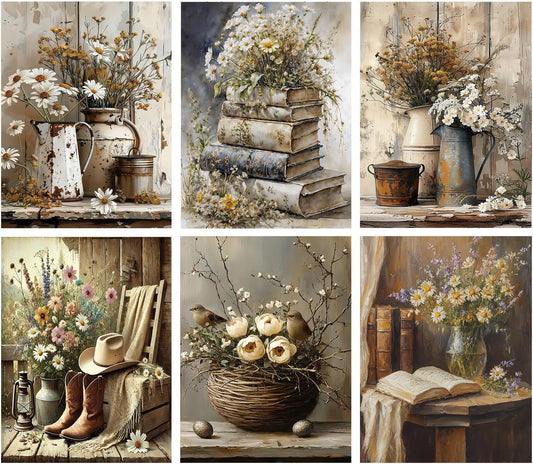 6 Pack Diamond Art Kits for Adults,5D Vintage Flower Diamond Painting Kit for Adults Beginners,DIY Diamond Dots Gem Painting for Adults Wall Art Decor 11.8x15.7inch