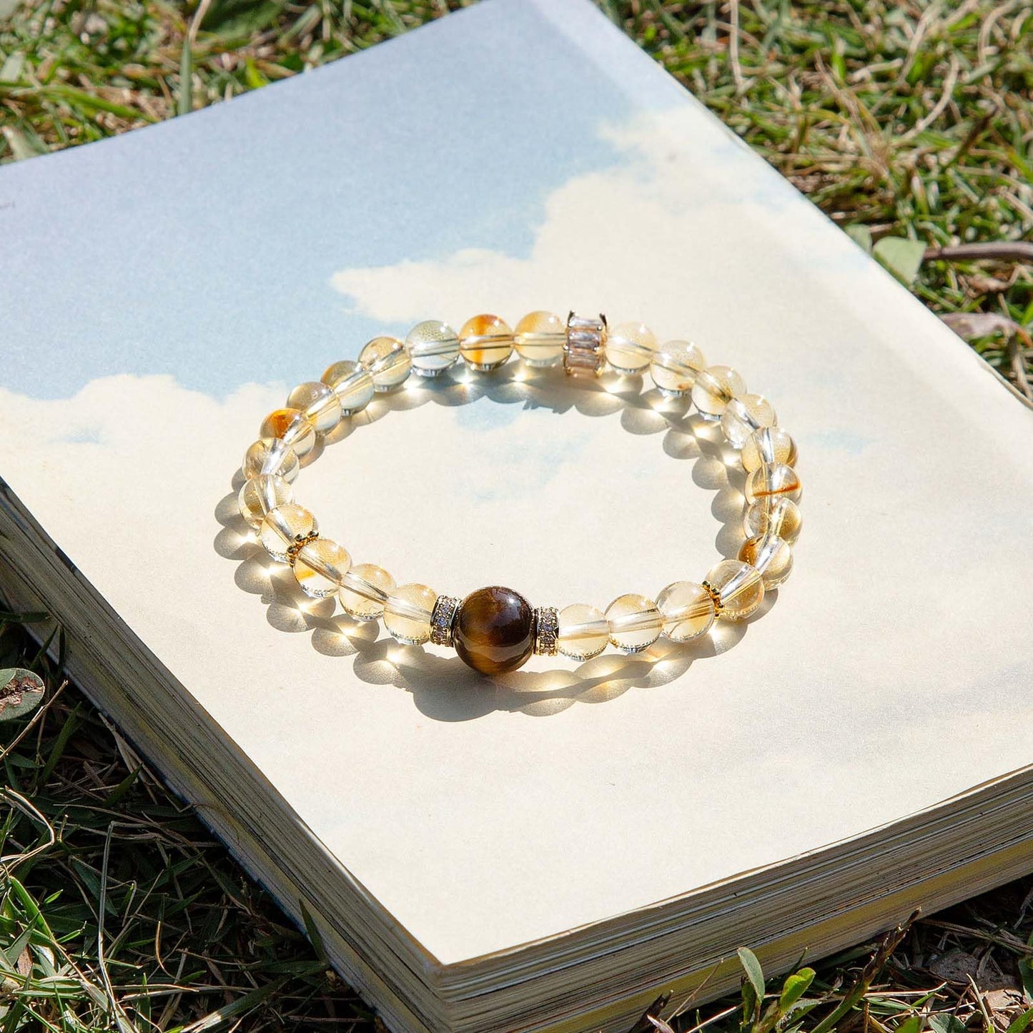 Magiriam Citrine Crystal & Tiger’s Eye Stretch Bracelet with Zircon Inlay | 17CM Comfortable Elastic Fit | Healing Gemstone Bracelet Single Circle-Gift for Women Lady and Friends