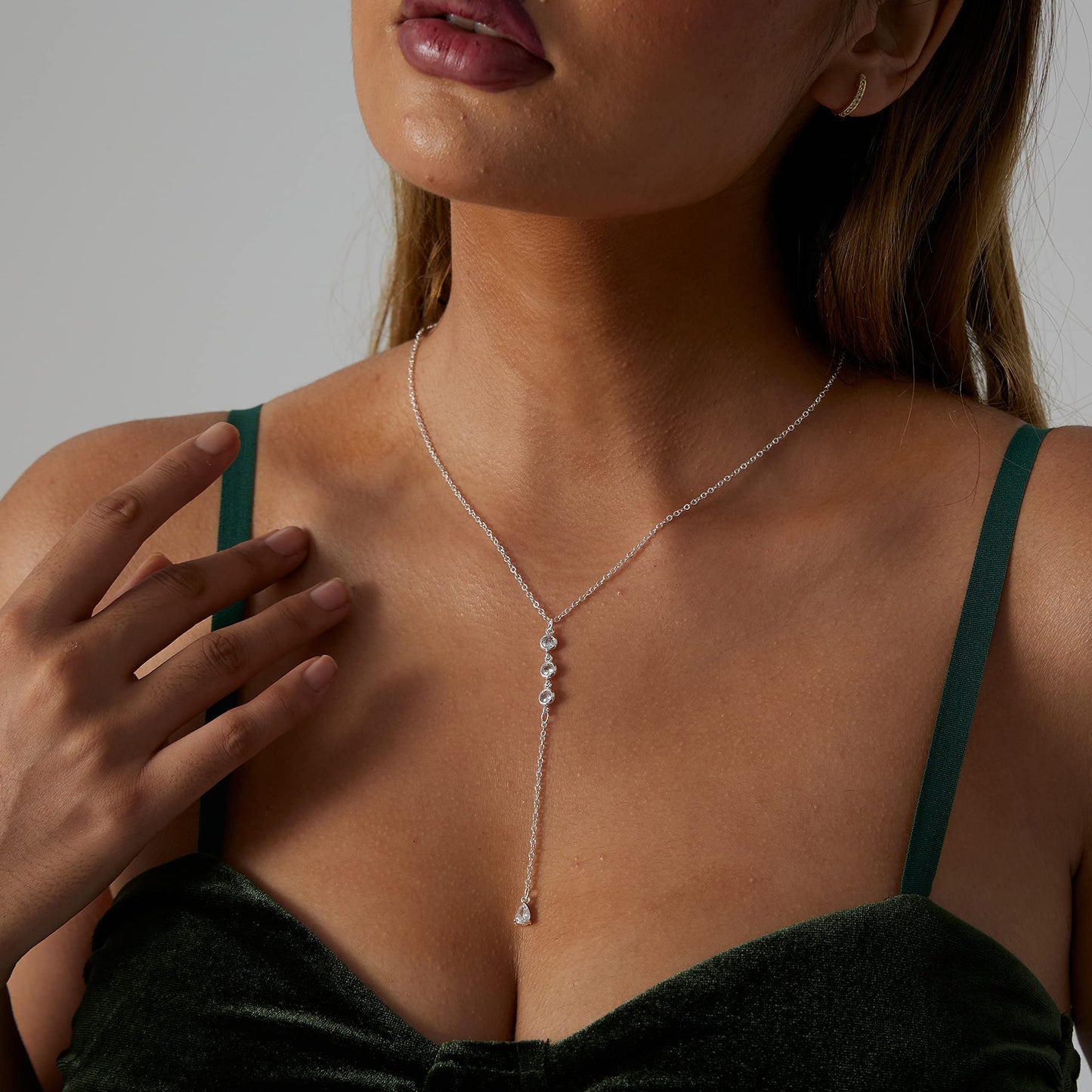 Sewyer Silver Y Necklace for Women 14K Gold Plated Y-Shaped Drop Necklaces CZ Long Necklace Cubic Zirconia Pendant Layered Long Lariat Necklace Women Jewelry