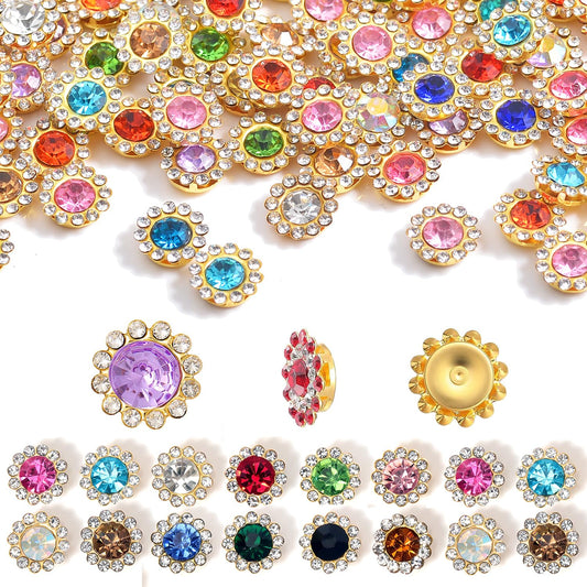 500PCs Sew on Rhinestones, Crystal Flower Shape Bedazzling, 10mm Crystal Flatback Embellishments for Sewing and Crafts, with Storage Box (10mm - Gold Tone)