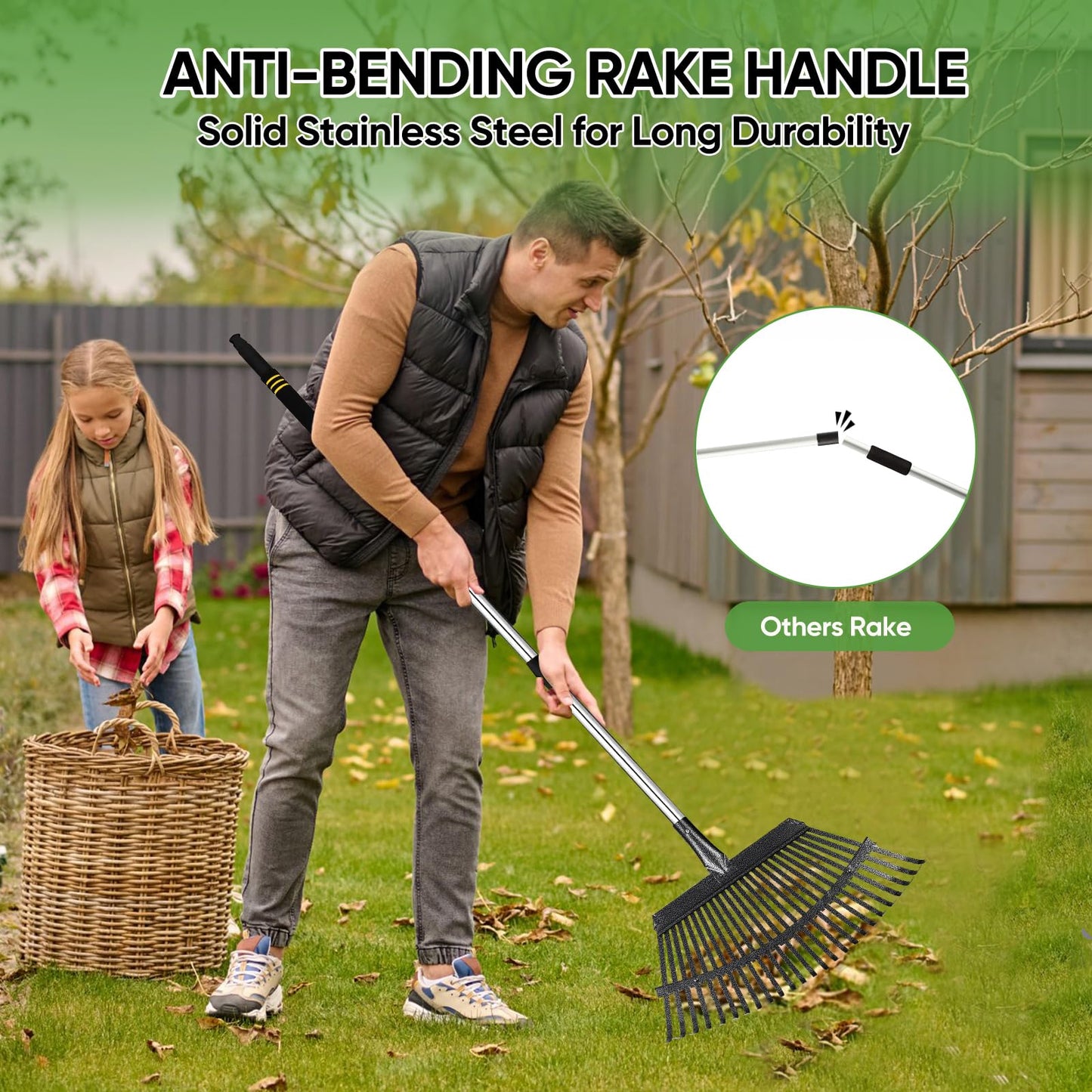 Coopvivi Rake Heavy Duty 6FT Long Garden Rake , 18.5 Inch Wide Leaf Rake for Lawns, 25 Metal Tines, Adjustable Stainless Steel Handle, Rakes for Leaves, Yards, Grass, Garbage, Weeds, Debris (Black)