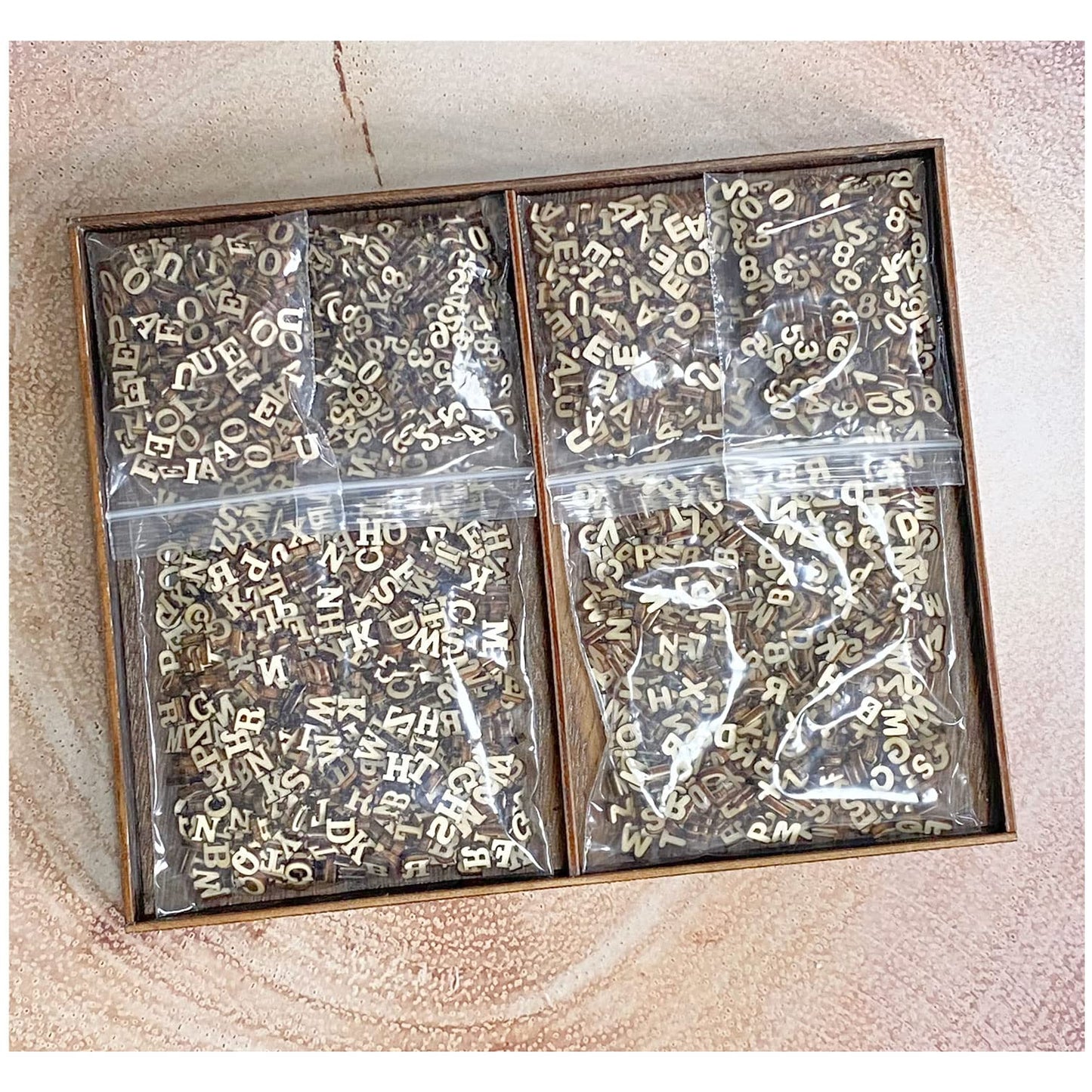 Quarter Inch 0.25 Inch 2142 Pieces Tiny Wooden Letters Unfinished Wood Numbers for Scrapbooking Crafts (with Two Fonts in Brown Tray)