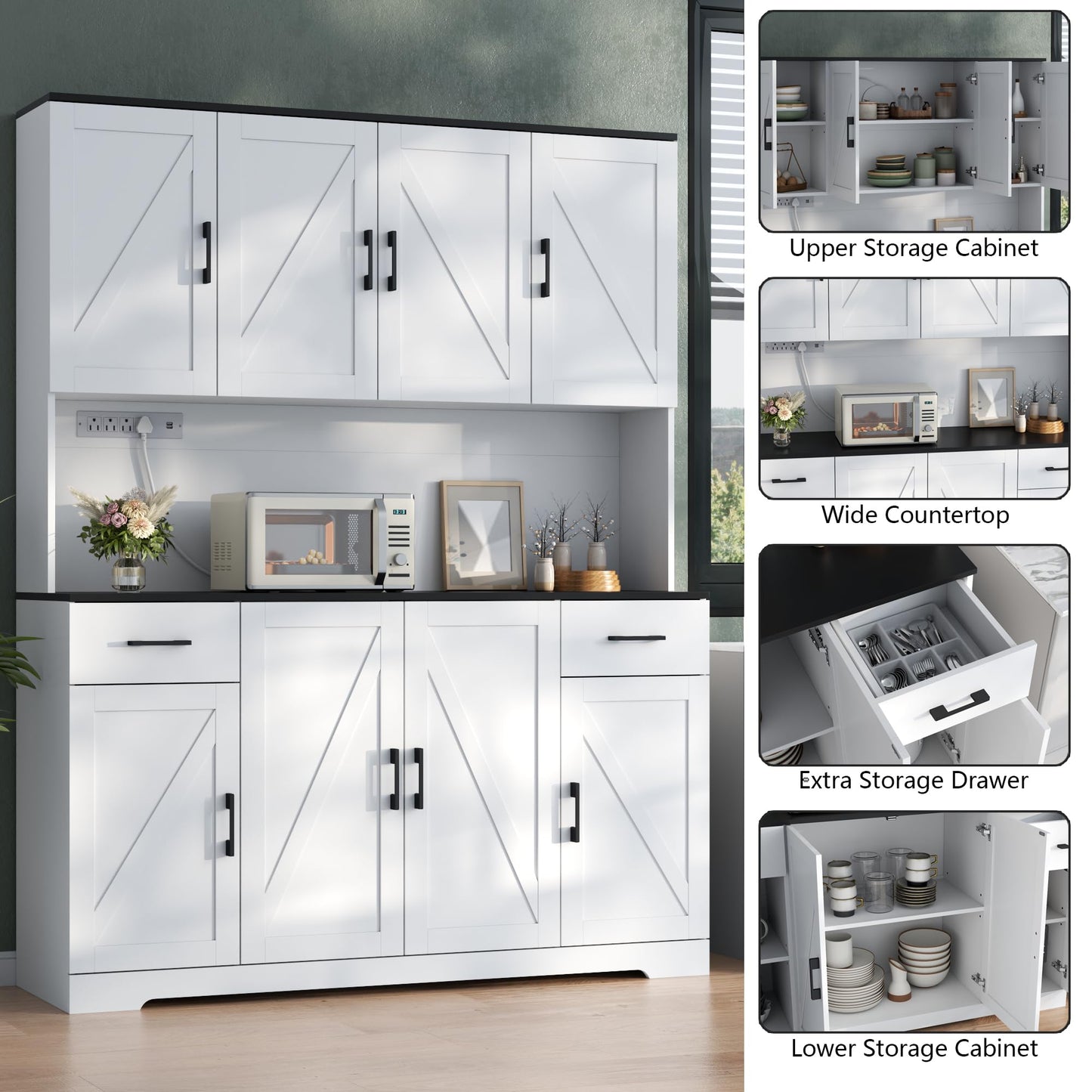 Gyfimoie 71’’ Tall Kitchen Pantry Cabinet with Charging Station, Wider Farmhouse Kitchen Storage Cabinet with Countertop Freestanding Hutch with Storage Drawers & Doors for Living Dining Room (White)